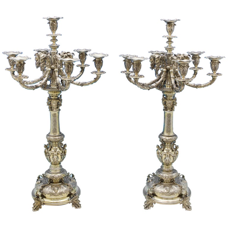 Gothic Revival Antique Sterling Silver Pair of Candelabra by Alexander Macrae  For Sale