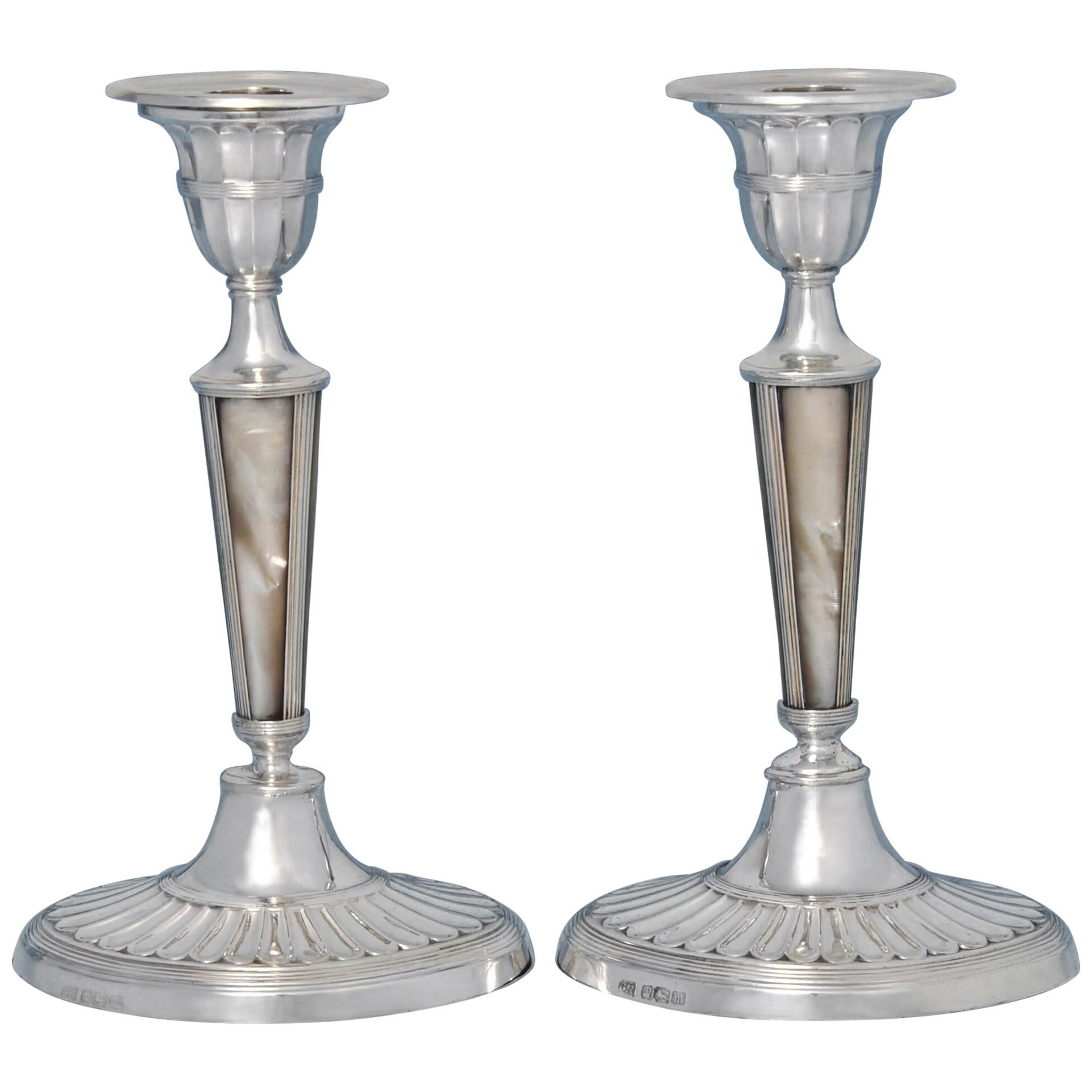 Antique Mother of Peal & Sterling Silver Pair of Candlesticks from 1904