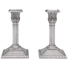 Bamboo Column Victorian Antique Sterling Silver Pair of Candlesticks from 1874