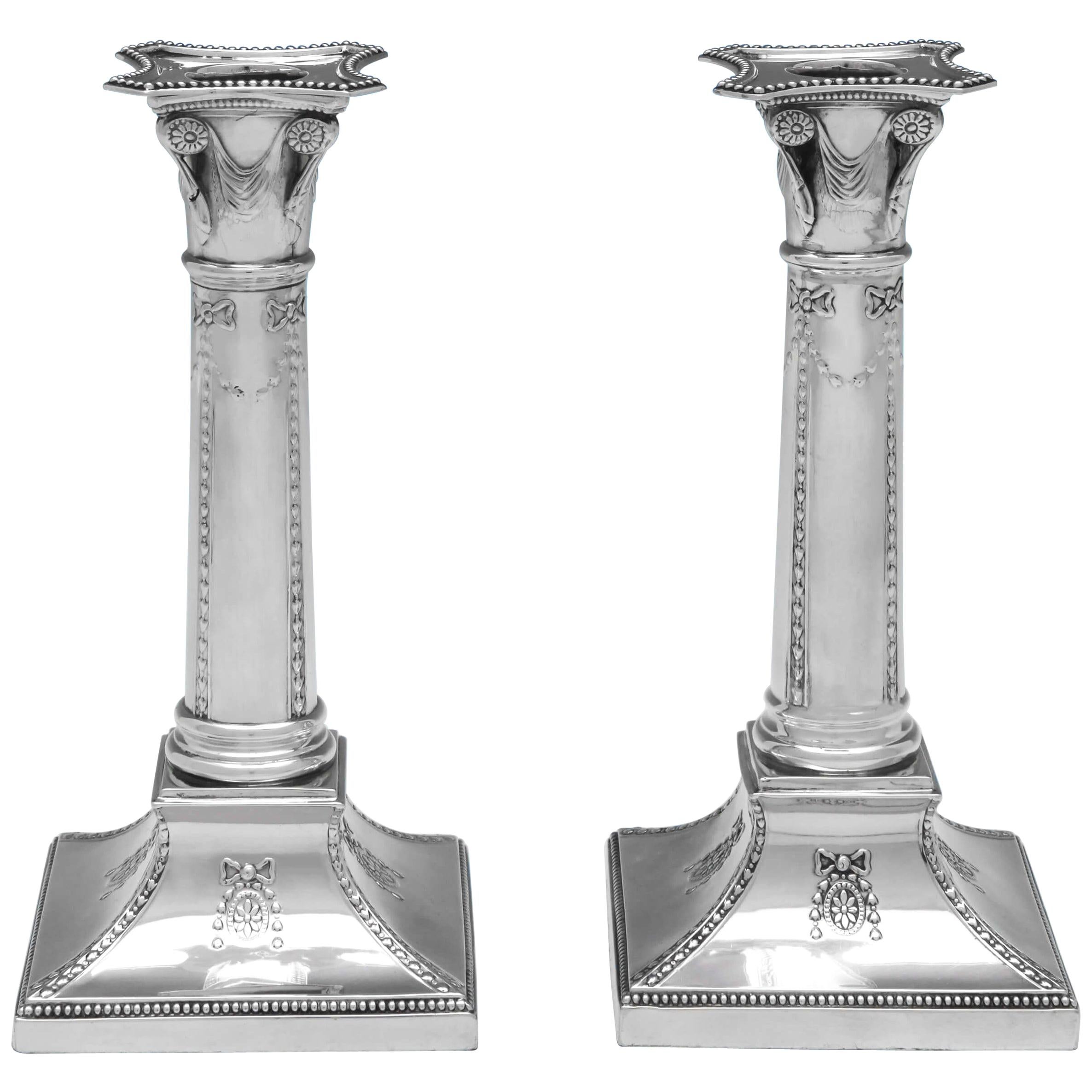 Empire Style Pair of Sterling Silver Candlesticks at 1stdibs