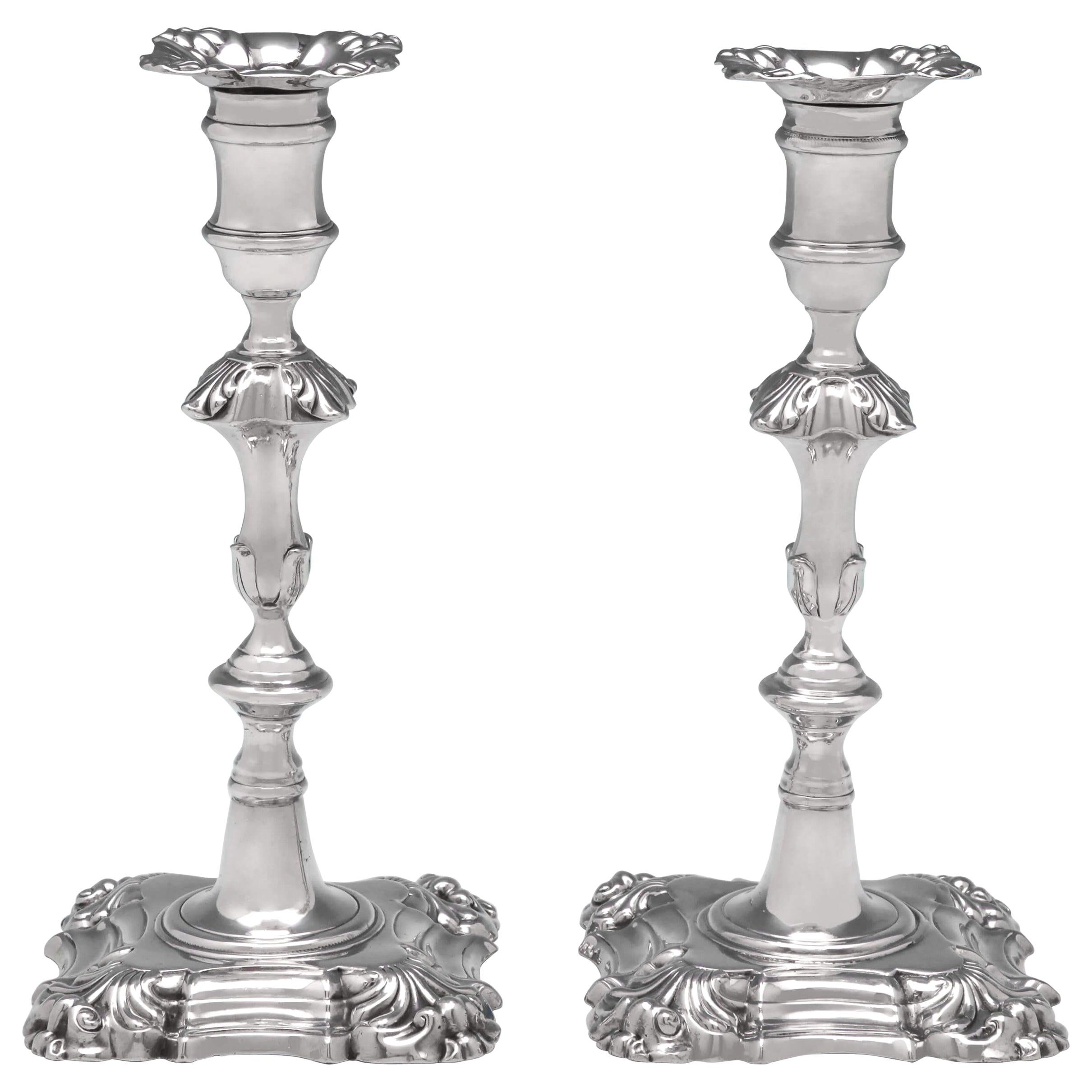 'Four Shell' Antique Sterling Silver Pair of Cast Candlesticks from 1870