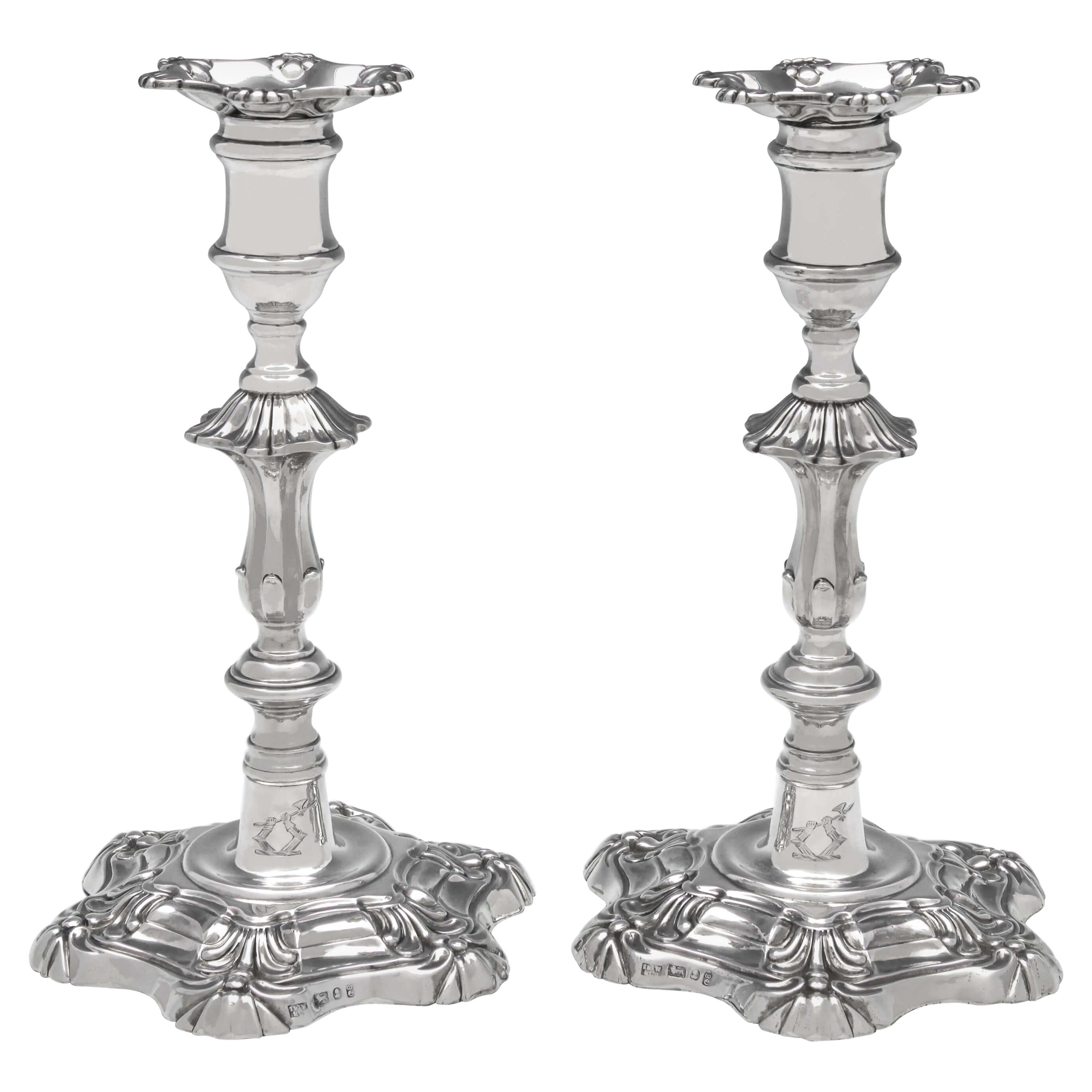 'Six Shell' George IV Antique Sterling Silver Pair of Candlesticks from 1828