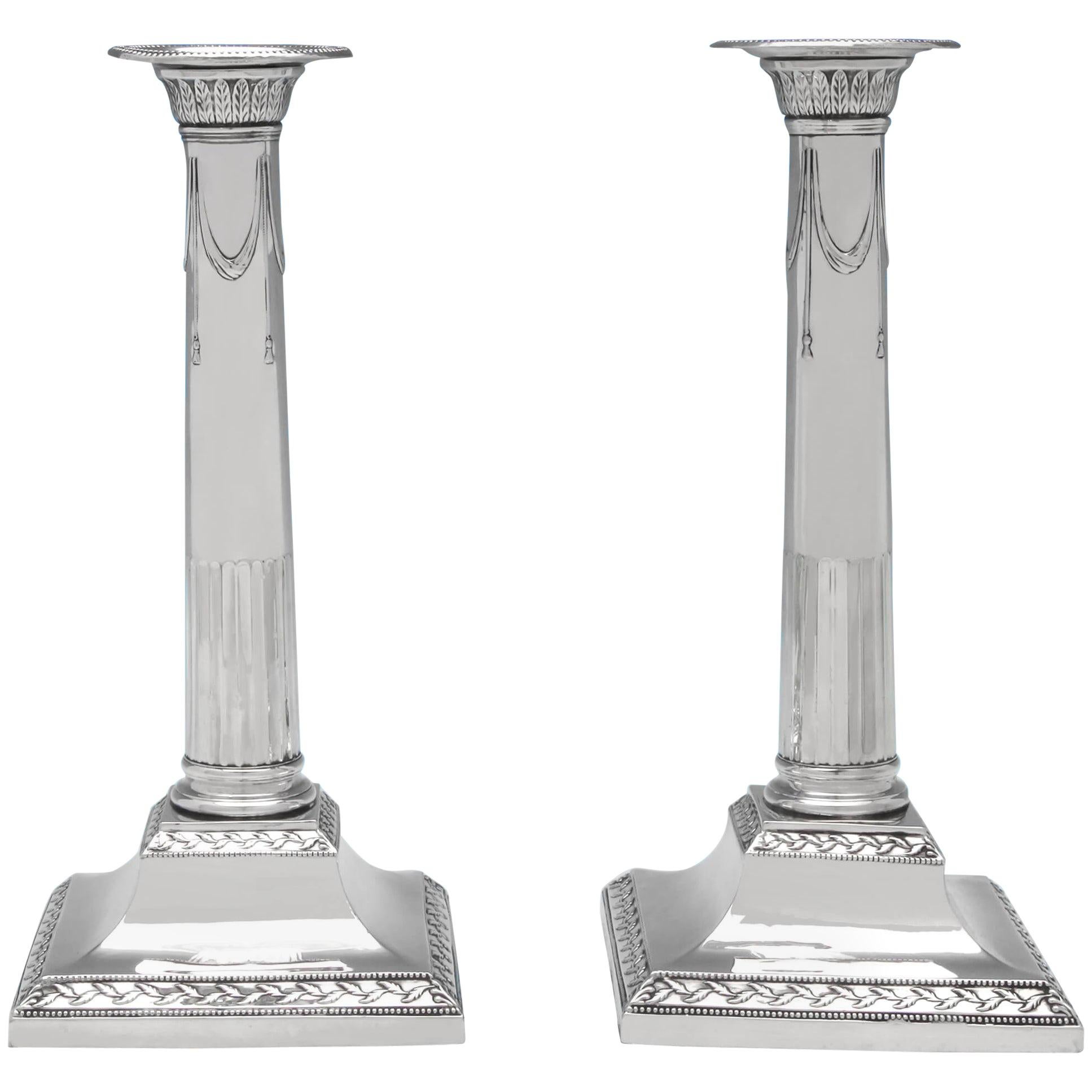 George III Neoclassical Antique Sterling Silver Pair of Candlesticks from 1790