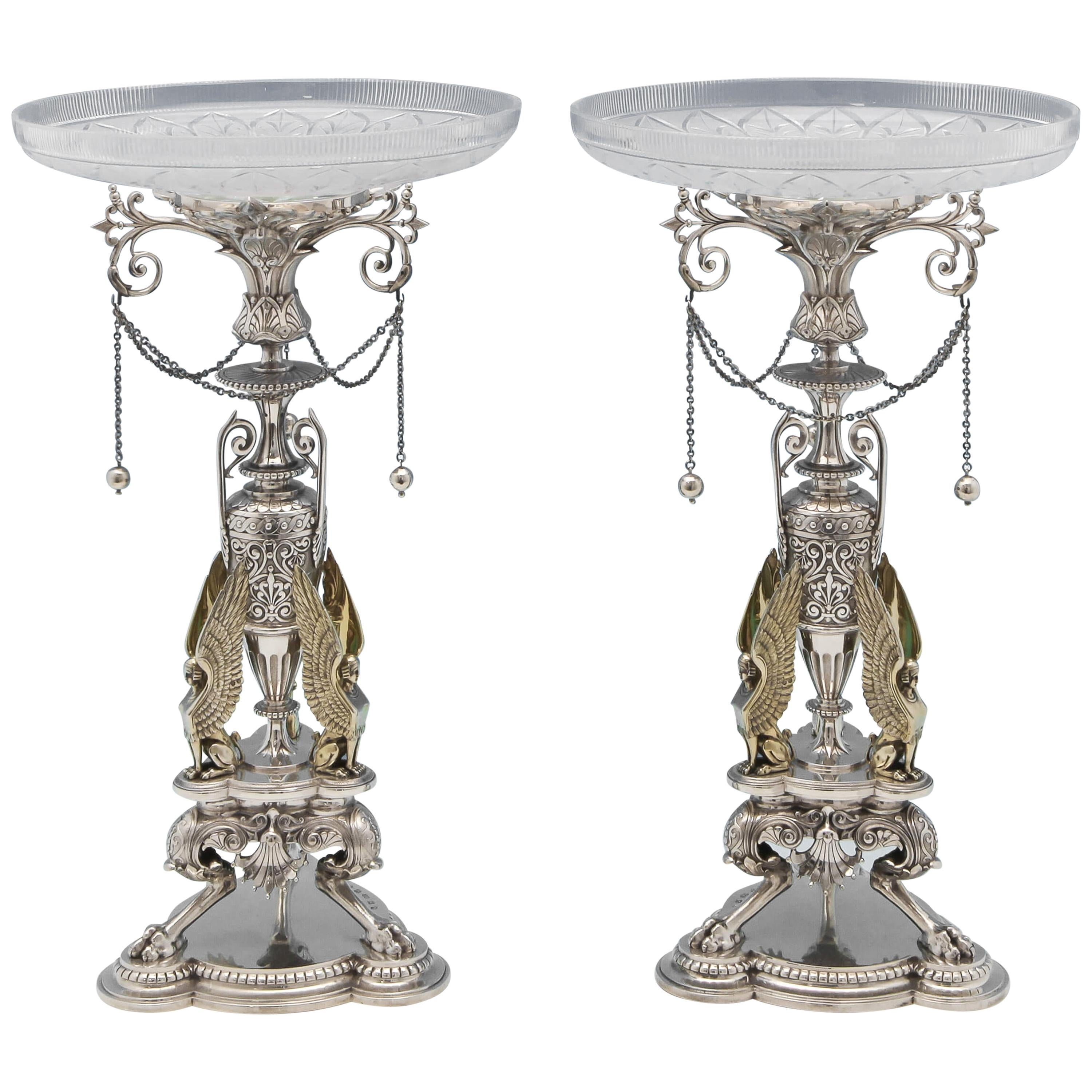 Egyptian Revival Antique Sterling Silver Pair of Dessert Stands by Elkington