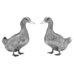 Sterling Silver Pair of Duck Models, London 1966, Table Centrepieces