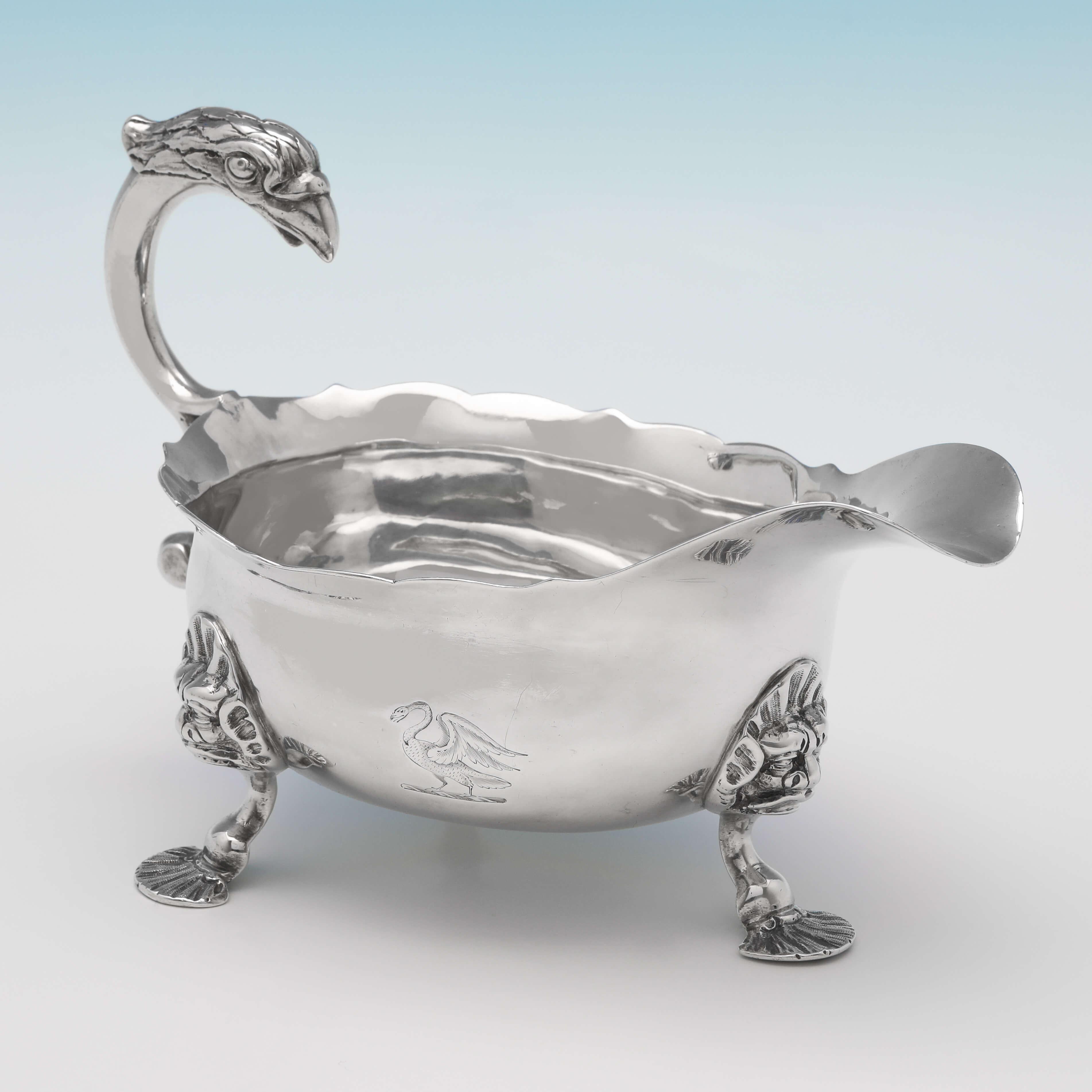 George II Rococo Antique Sterling Silver Pair of 'Eagle' Handle Sauce Boats, London, 1748 For Sale