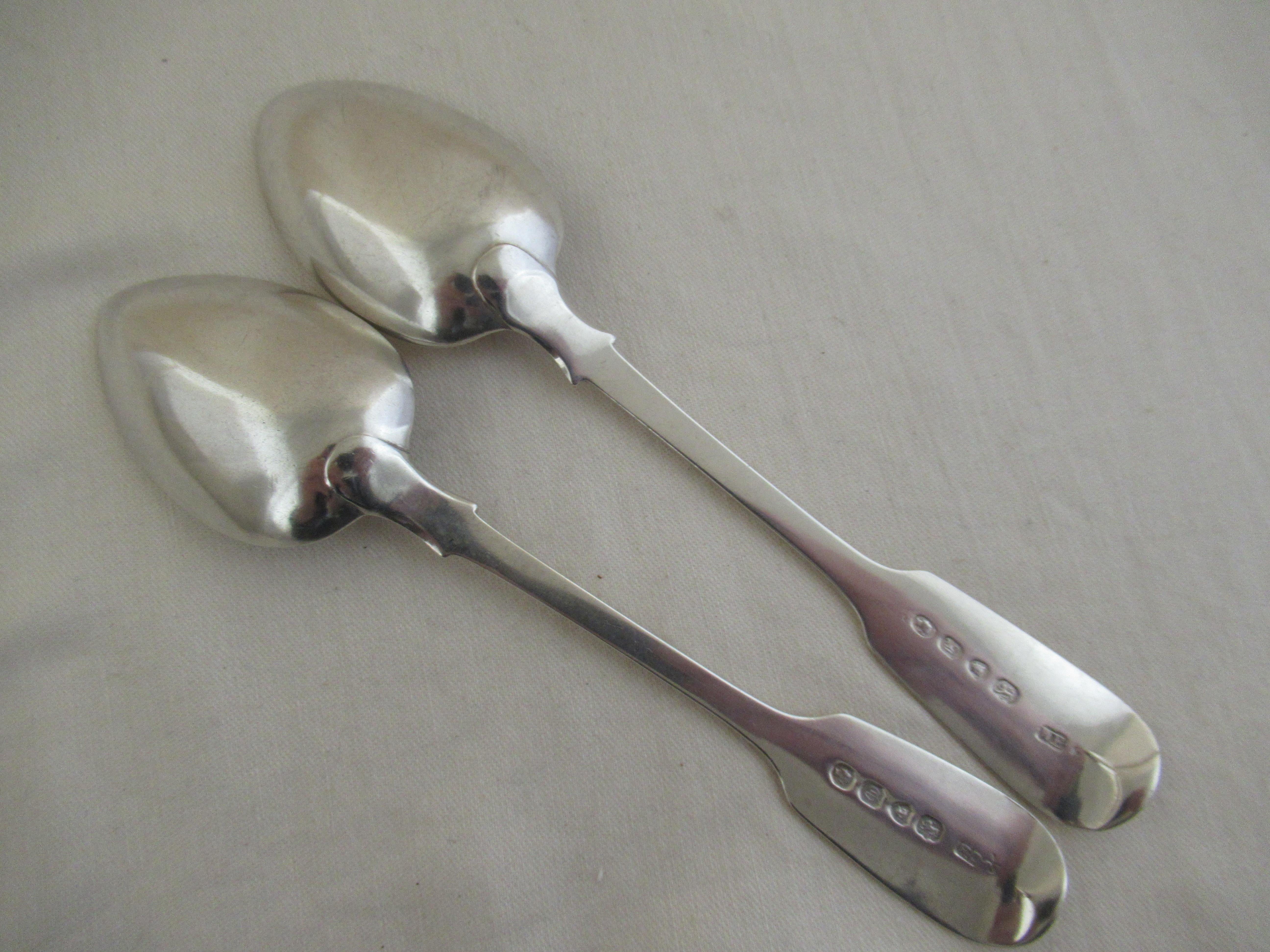 Victorian Sterling Silver, Pair of Fiddle Shape Dessert Spoons, Hallmarked, London, 1844 For Sale