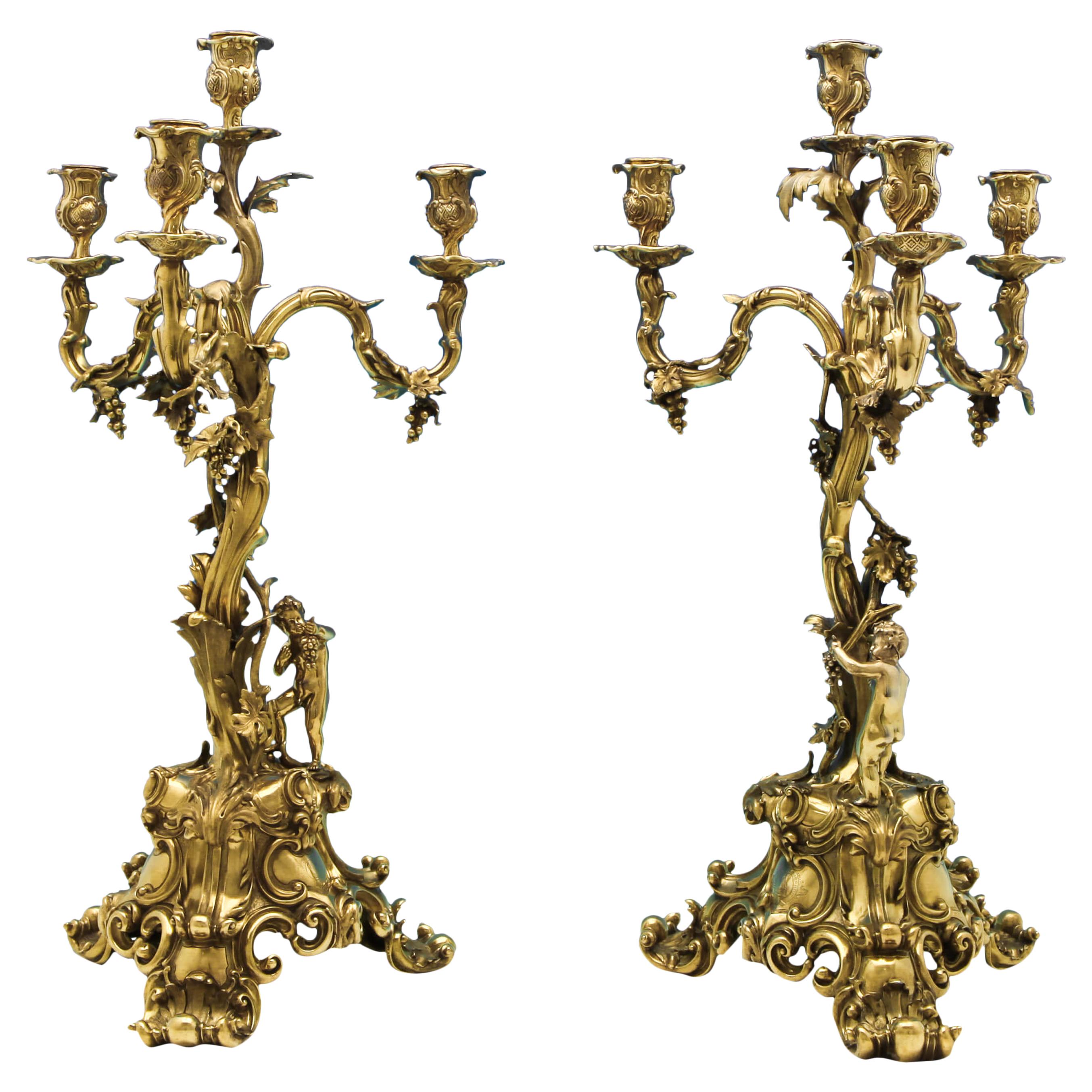 Rococo Revival Wine Related Gilt Antique Sterling Silver Pair of Candelabra