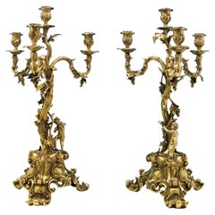 Rococo Revival Wine Related Gilt Antique Sterling Silver Pair of Candelabra