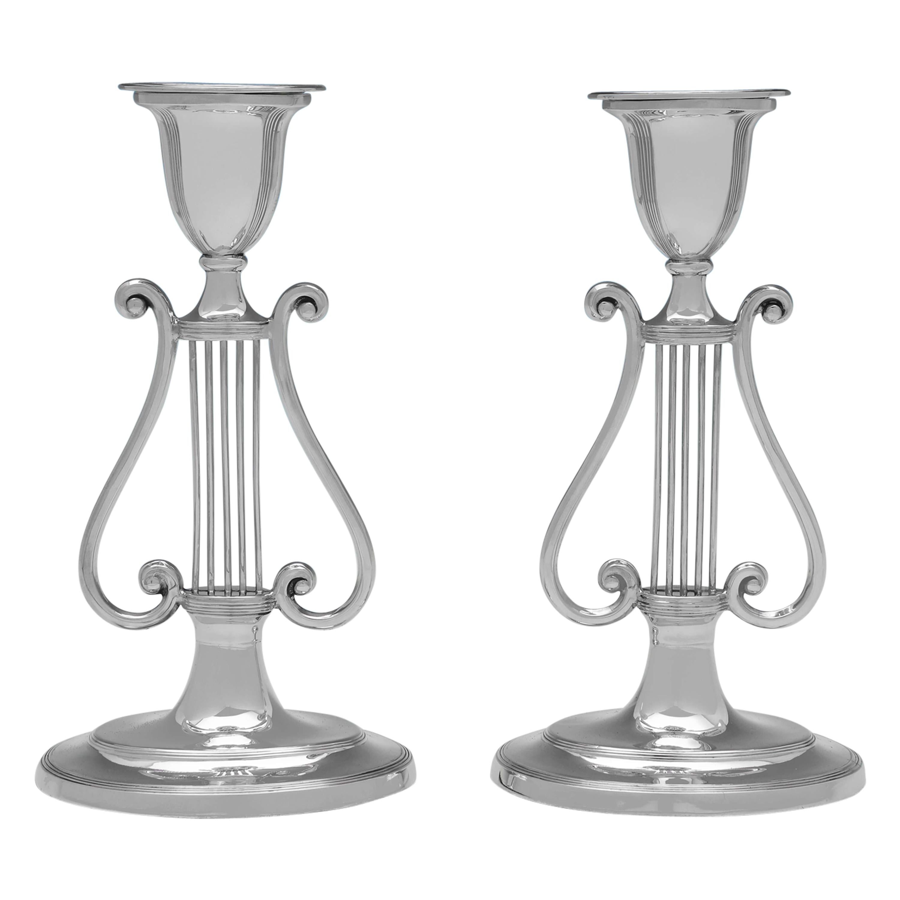 Sterling Silver Pair of 'Lyre' Candlesticks