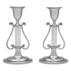 Sterling Silver Pair of 'Lyre' Candlesticks