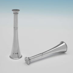 Edwardian Novelty Sterling Silver Pair of Hunting Horn Pepper Pots, London, 1906