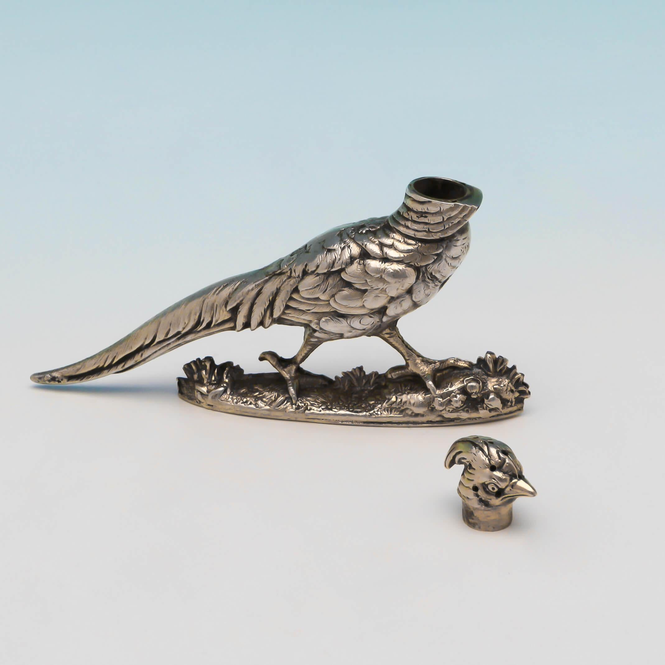 English Antique Victorian Sterling Silver Novelty Pepper Pots in the Form of Pheasants For Sale