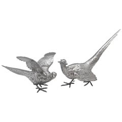 American Antique Sterling Silver Pair of Pheasants by Marshall Fields & Co.