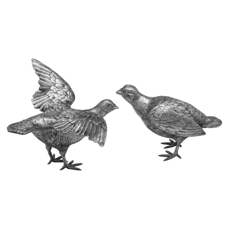 Sterling Silver Pair of Red-Legged Partridges Models by Comyns, London, 1970 For Sale