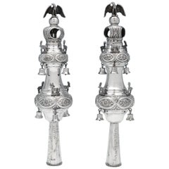 Judaica - Antique Sterling Silver Pair of Rimonim by Maurice Salkind in 1920