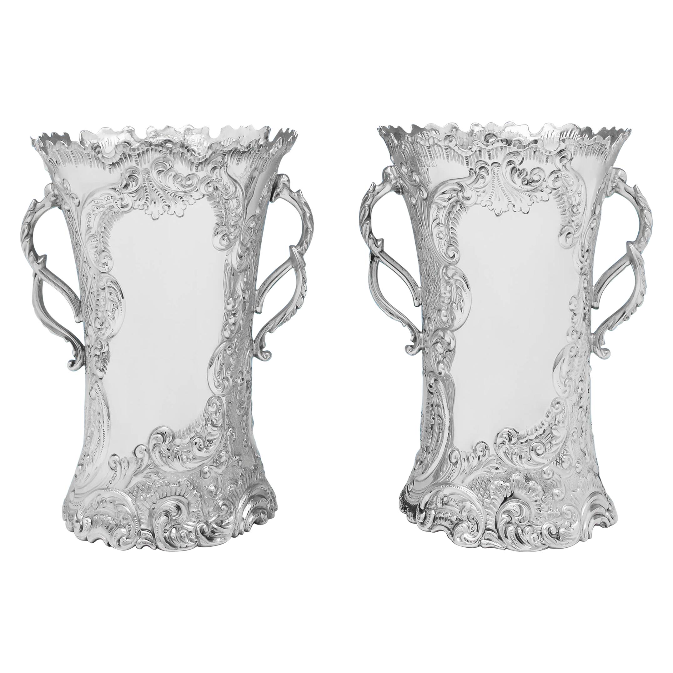 Art Nouveau Period Sterling Silver Pair of Vases from 1901 by Martin & Hall