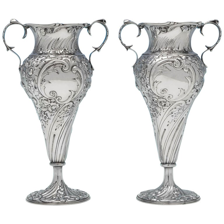 Sterling Silver Pair of Vases For Sale