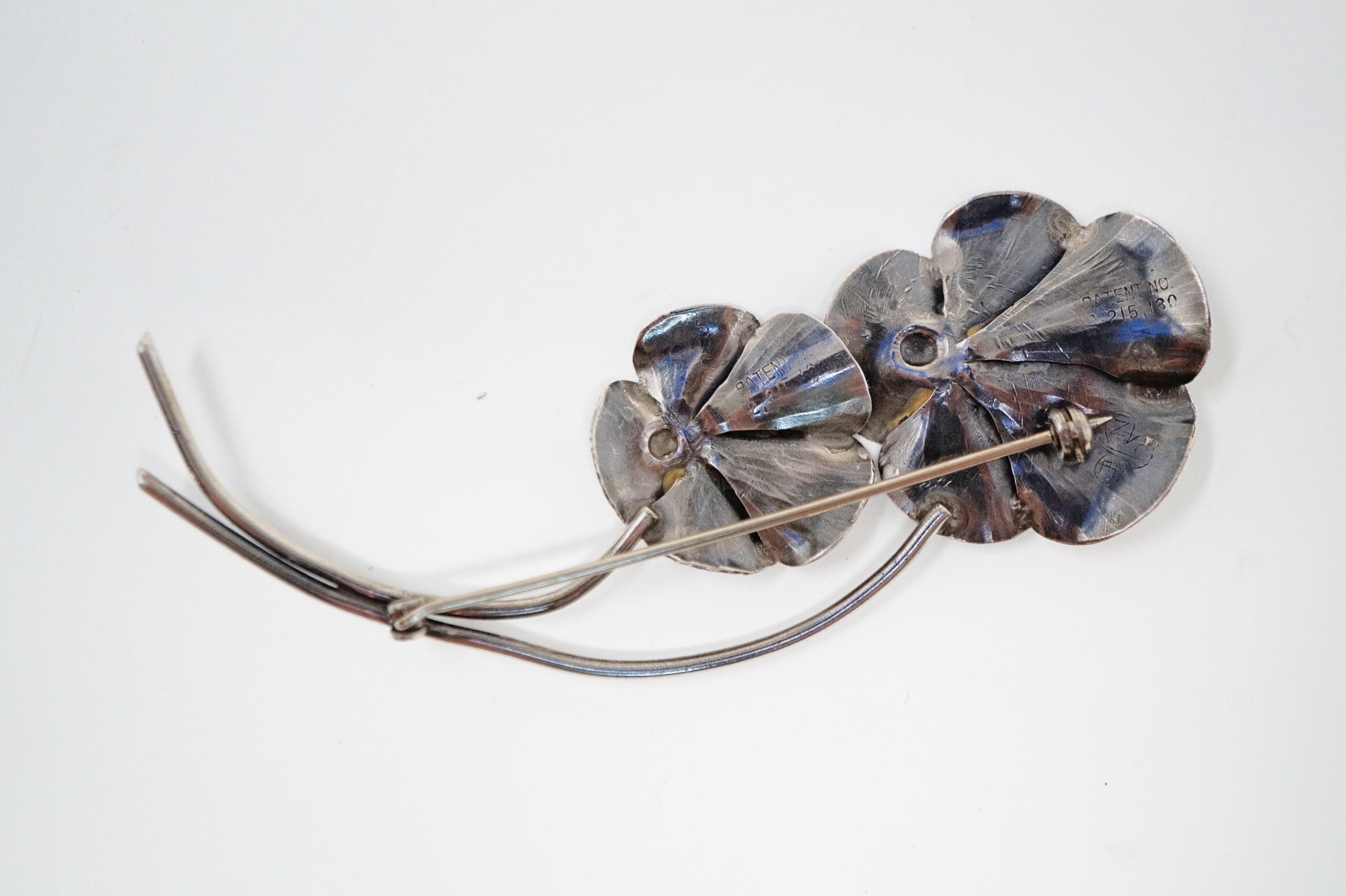 Sterling Silver Pansy Demi-Parure Brooch and Earring Set by Stuart Nye, 1940s 5