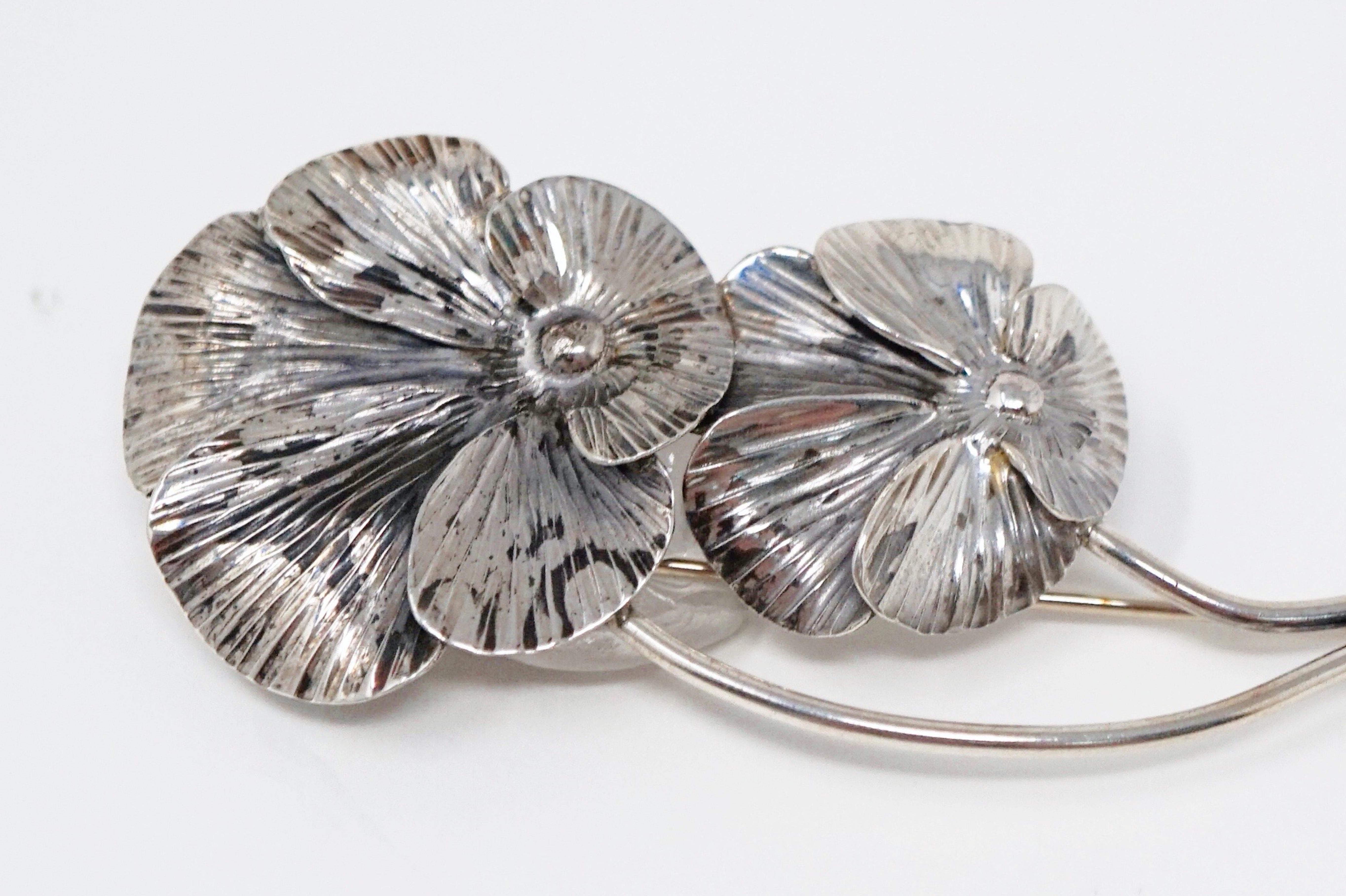 Modern Sterling Silver Pansy Demi-Parure Brooch and Earring Set by Stuart Nye, 1940s