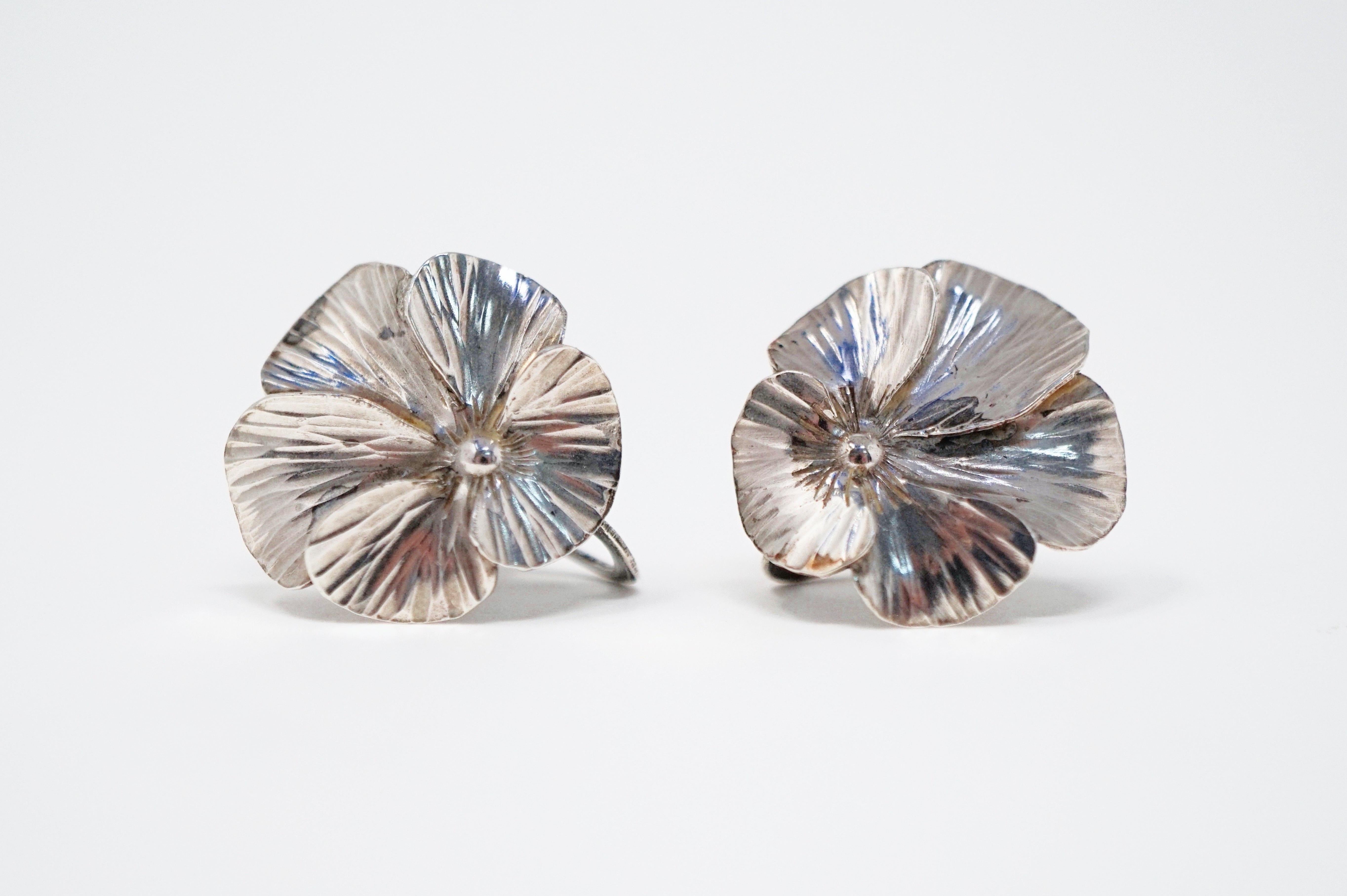 Sterling Silver Pansy Demi-Parure Brooch and Earring Set by Stuart Nye, 1940s 1