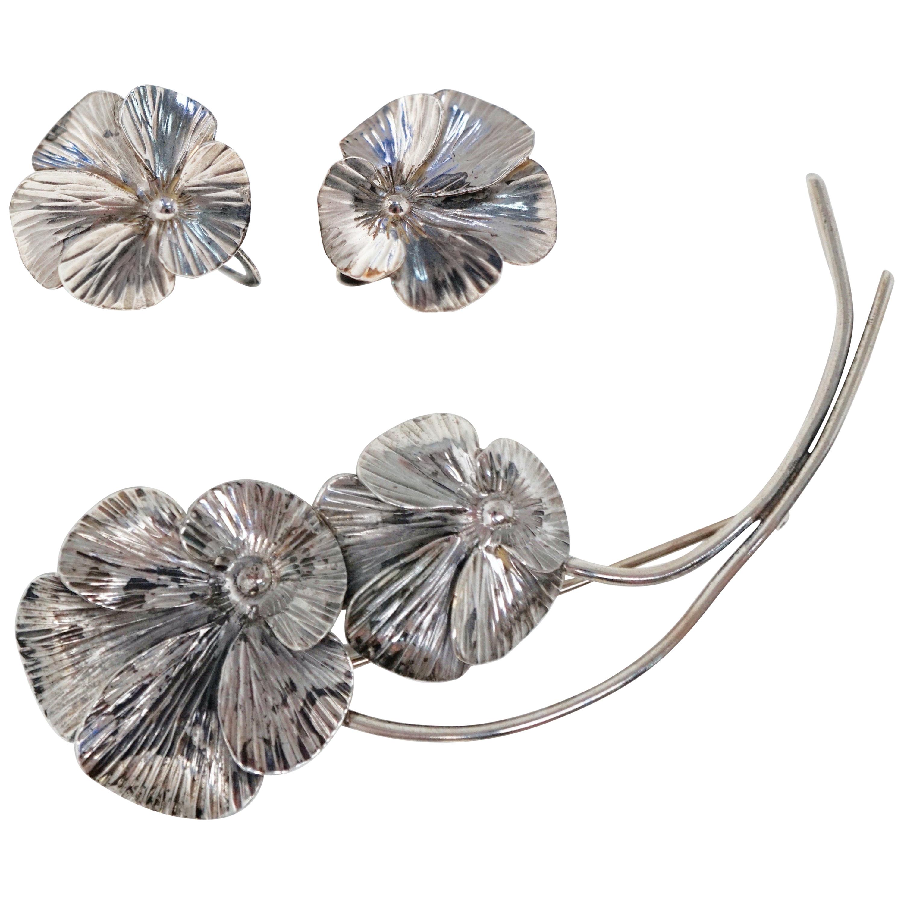 Sterling Silver Pansy Demi-Parure Brooch and Earring Set by Stuart Nye, 1940s