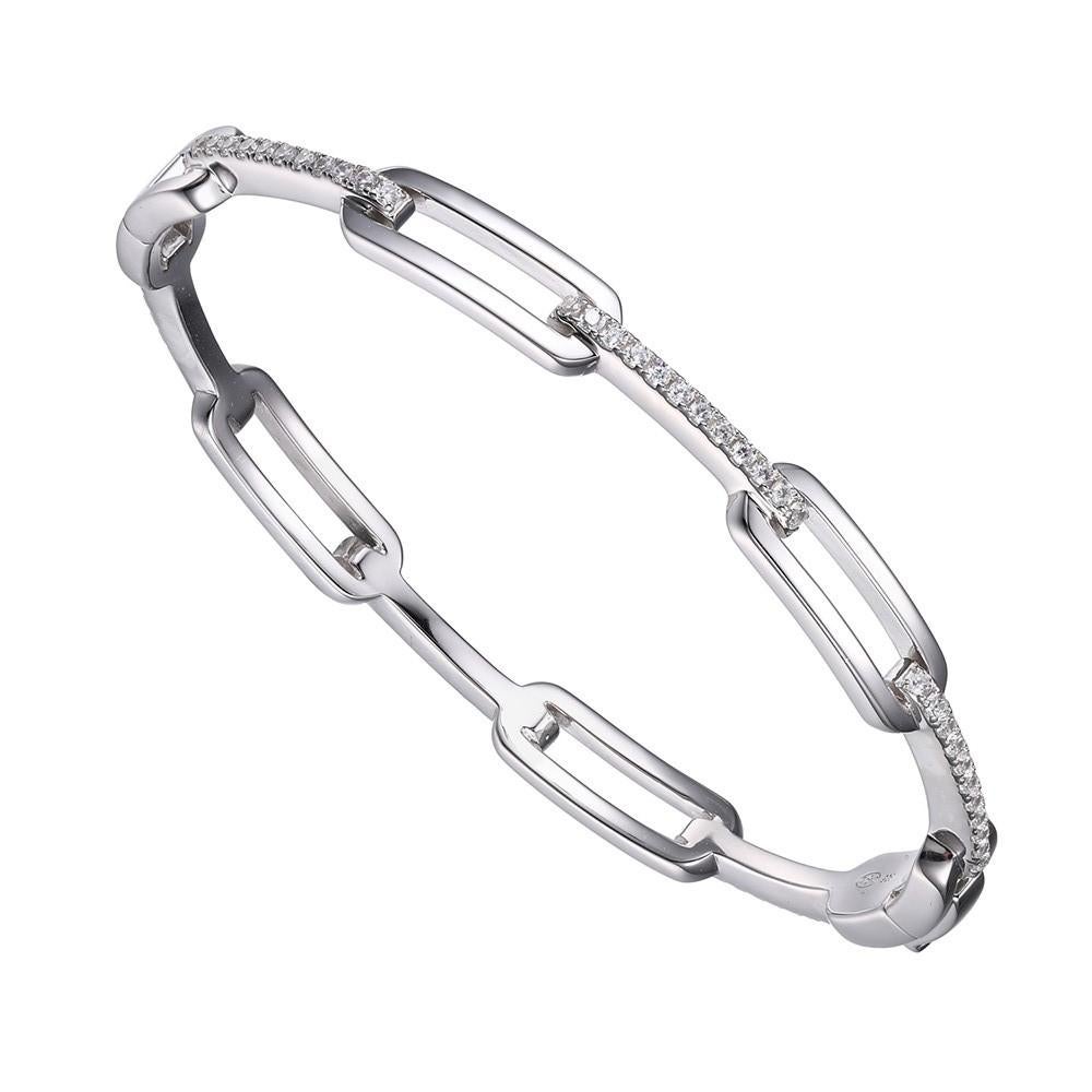 Modern Sterling Silver Paperclip Bangle with CZ, Rhodium Finish For Sale