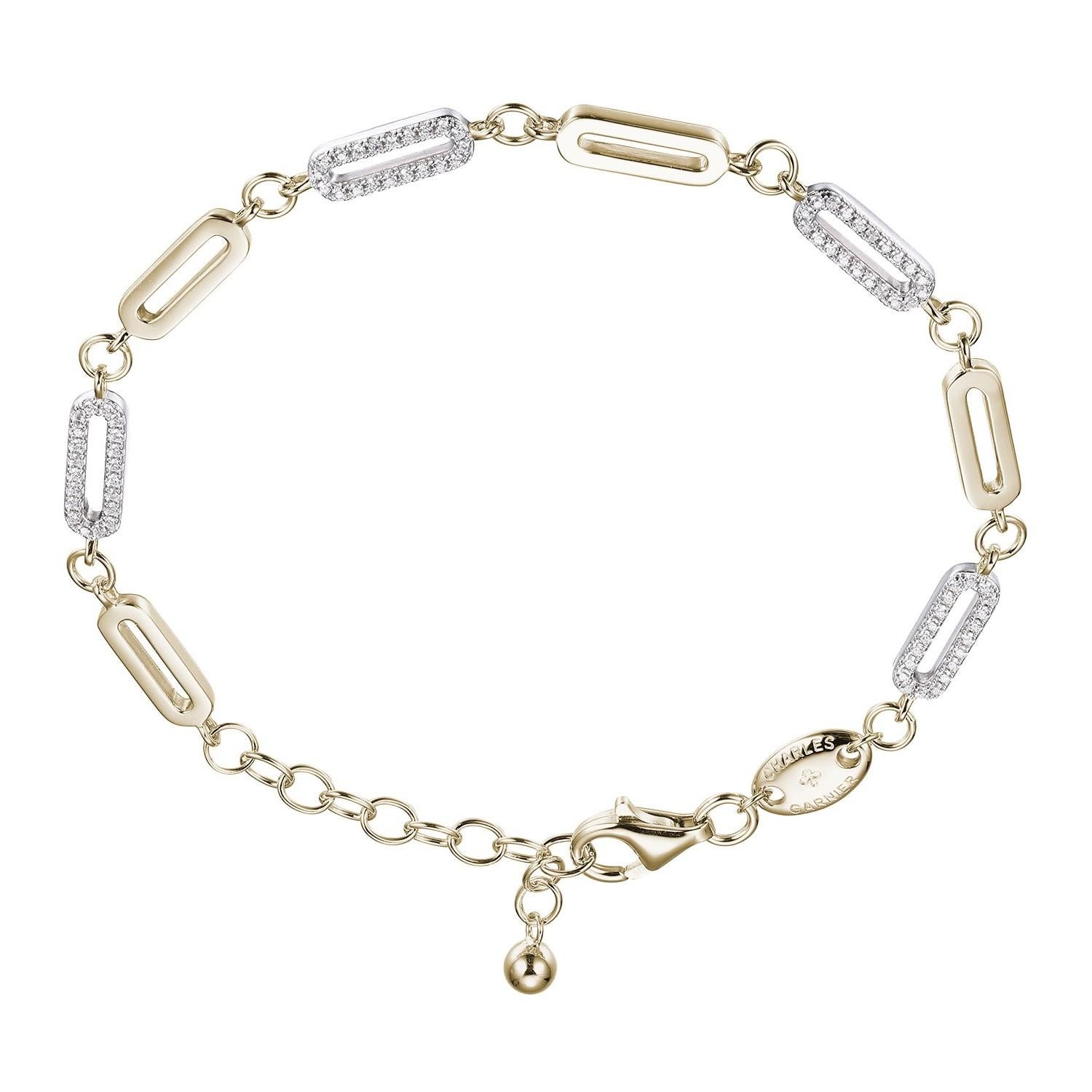 Modern Sterling Silver Paperclip Bracelet Alternated Polish CZ Link, Yellow Gold Finish For Sale