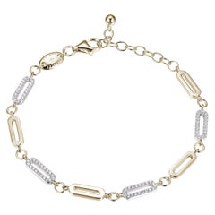 Sterling Silver Paperclip Bracelet Alternated Polish CZ Link, Yellow Gold Finish