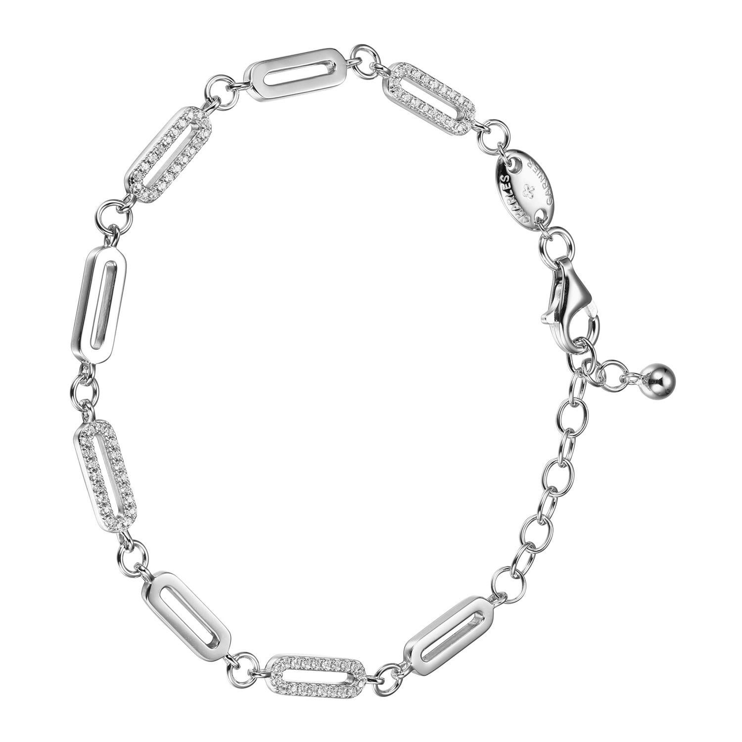 Sterling Silver Paperclip Bracelet made with Alternated Polish and CZ link (12x4mm), Measures 6.75