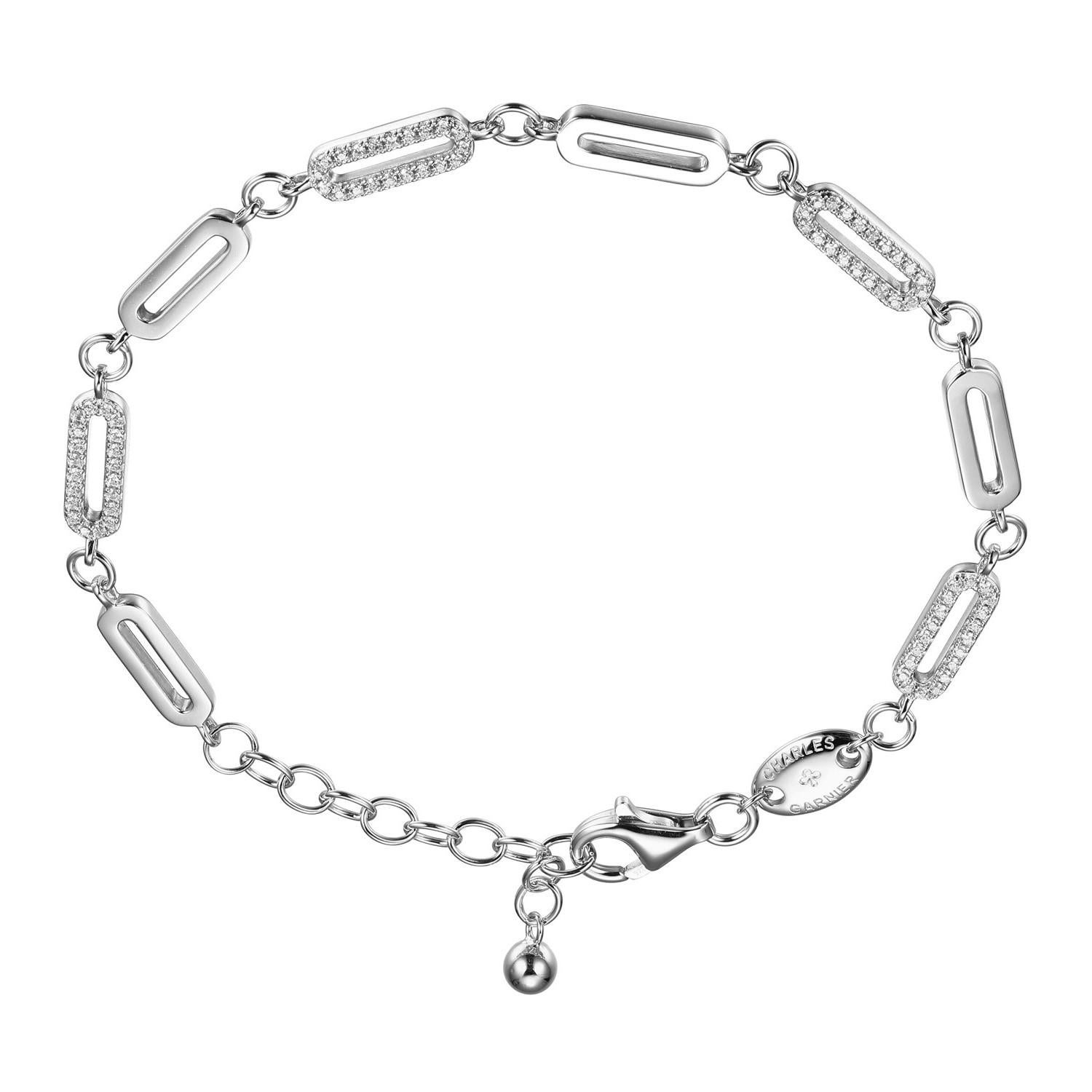 Modern Sterling Silver Paperclip Bracelet CZ Link (12x4mm), Rhodium Finish For Sale