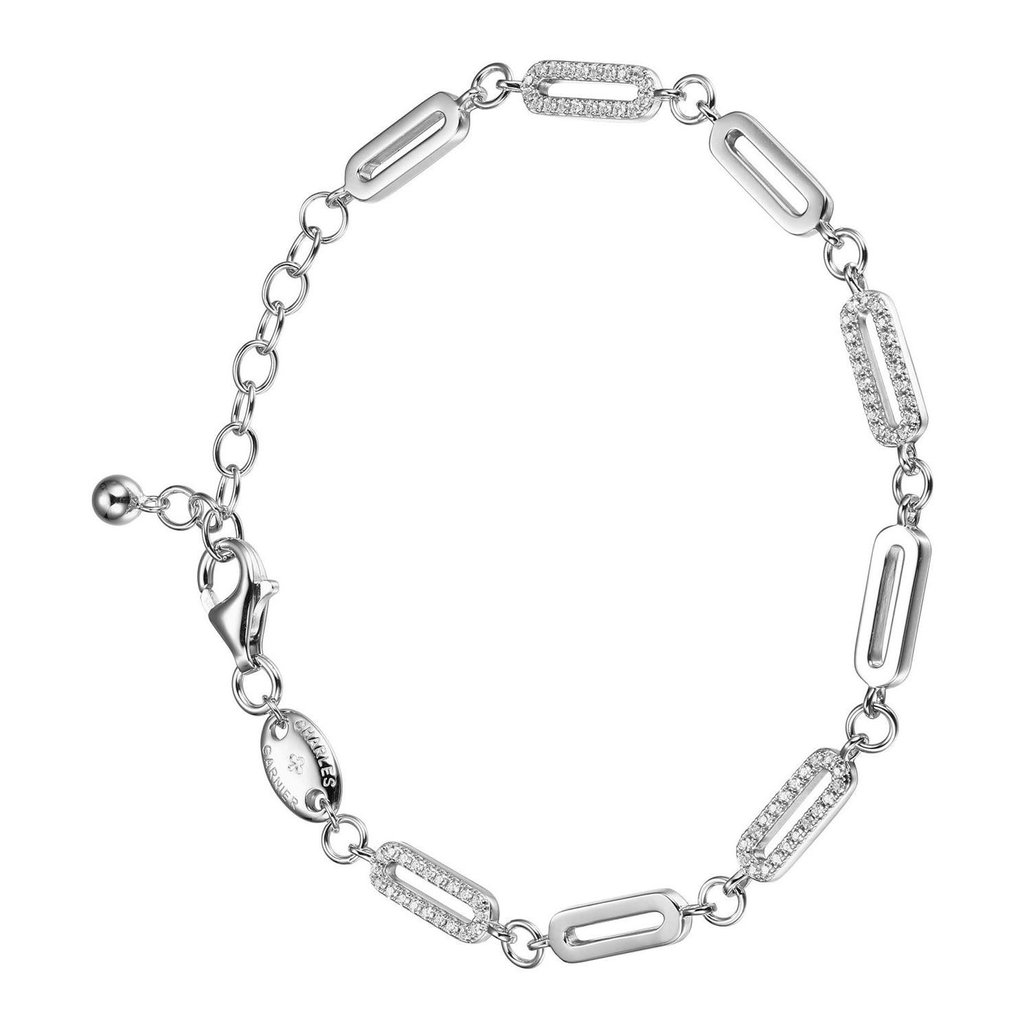 Round Cut Sterling Silver Paperclip Bracelet CZ Link (12x4mm), Rhodium Finish For Sale