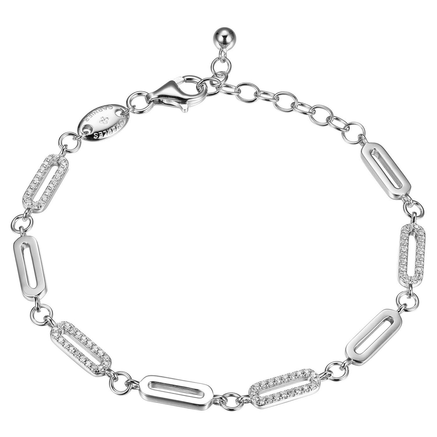 Sterling Silver Paperclip Bracelet CZ Link (12x4mm), Rhodium Finish For Sale