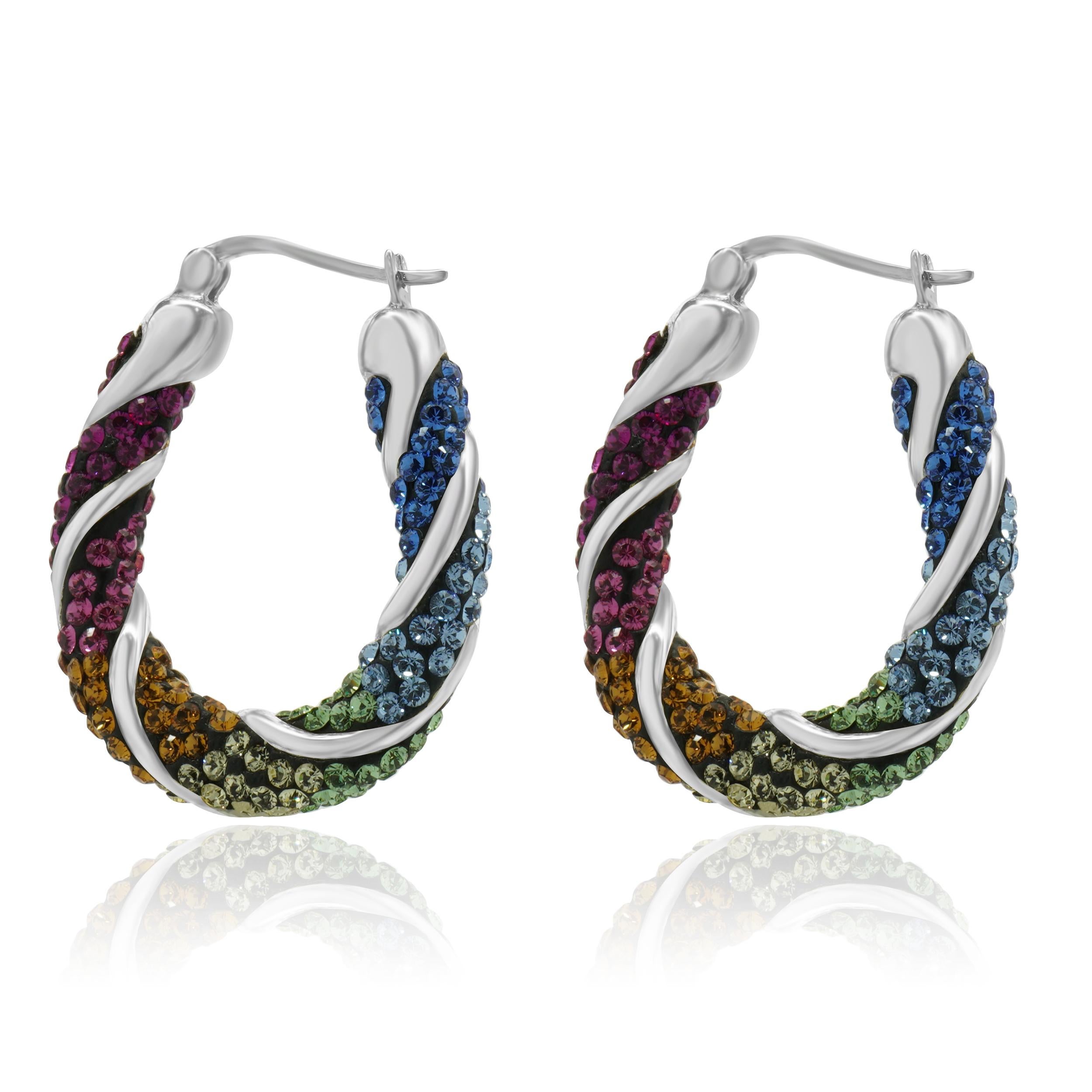 Créoles en argent sterling pavé de strass multicolores Excellent état - En vente à Scottsdale, AZ
