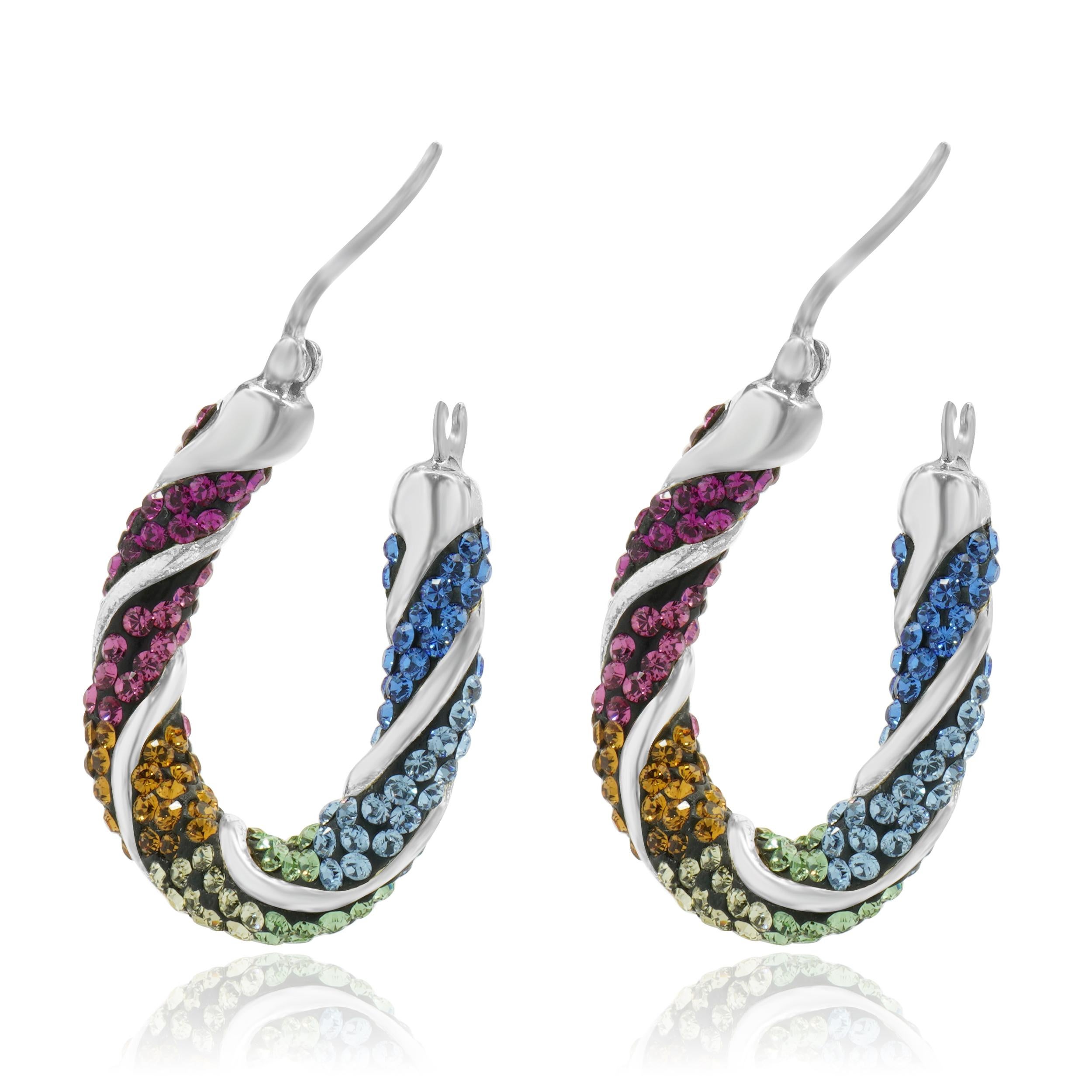 Créoles en argent sterling pavé de strass multicolores Pour femmes en vente