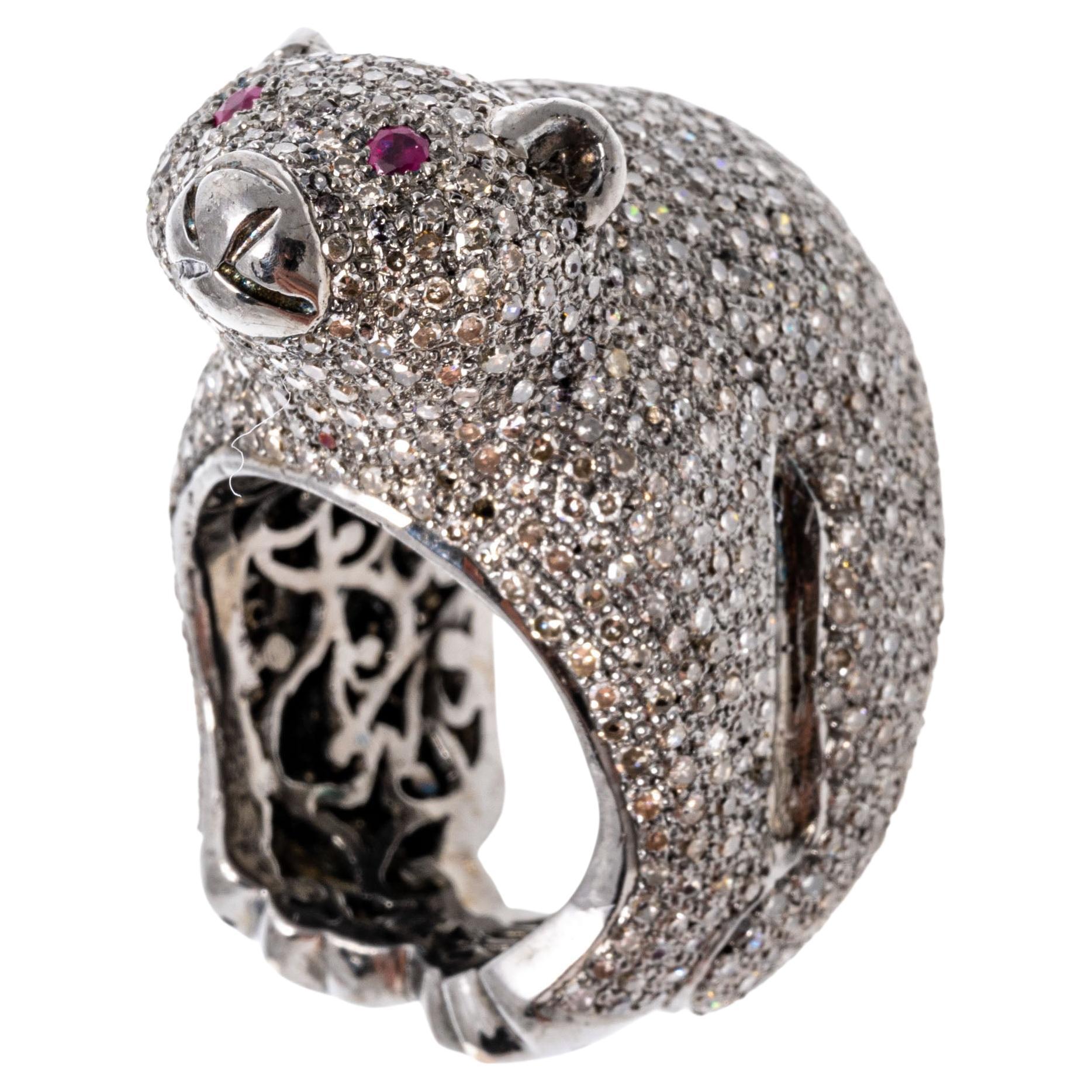 Sterling Silver Pave Set Diamond Bear Ring, App. 2.00 TCW For Sale