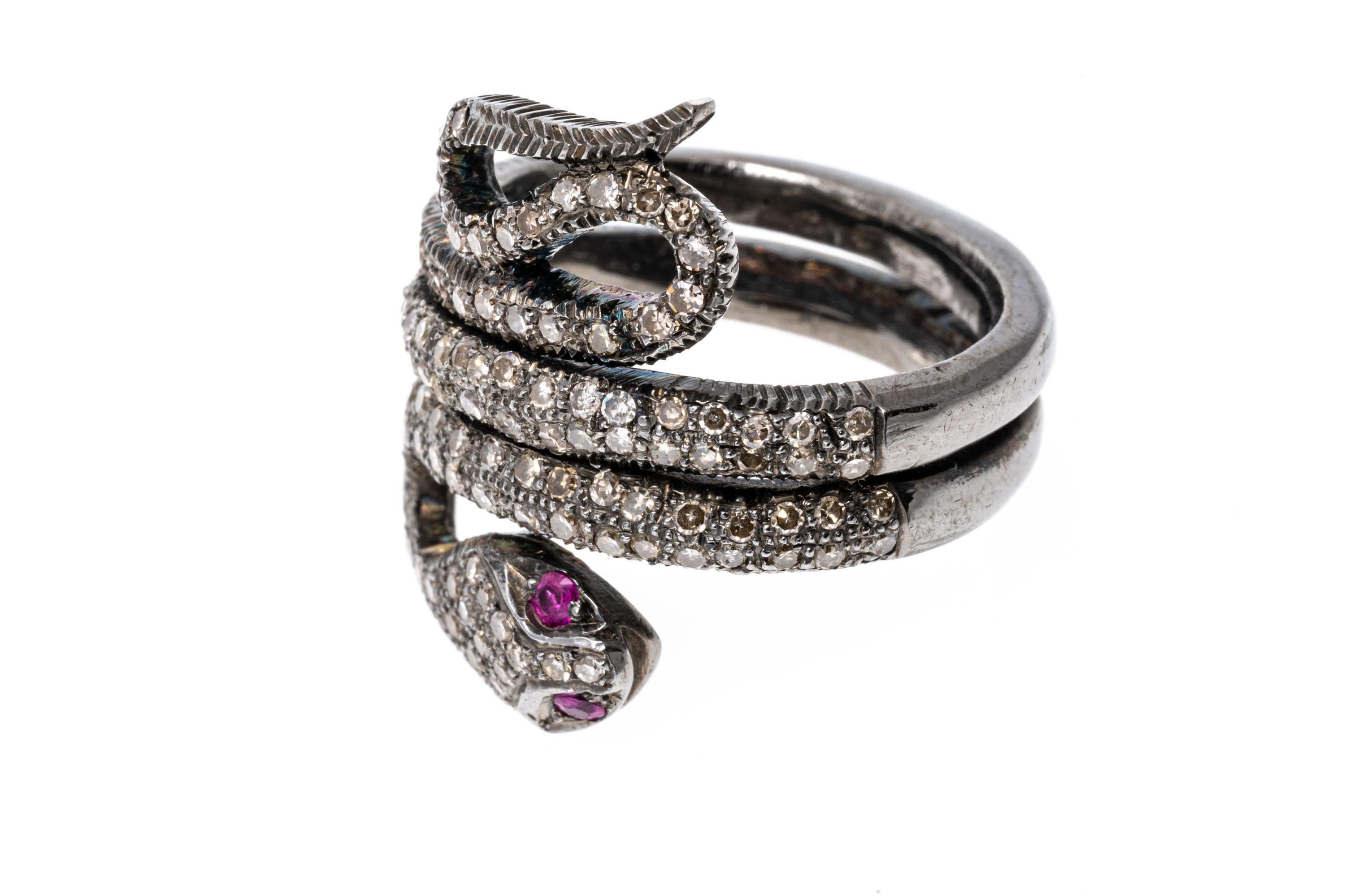 Contemporary Sterling Silver Pave Set Diamond Double Coiled Serpent Ring For Sale