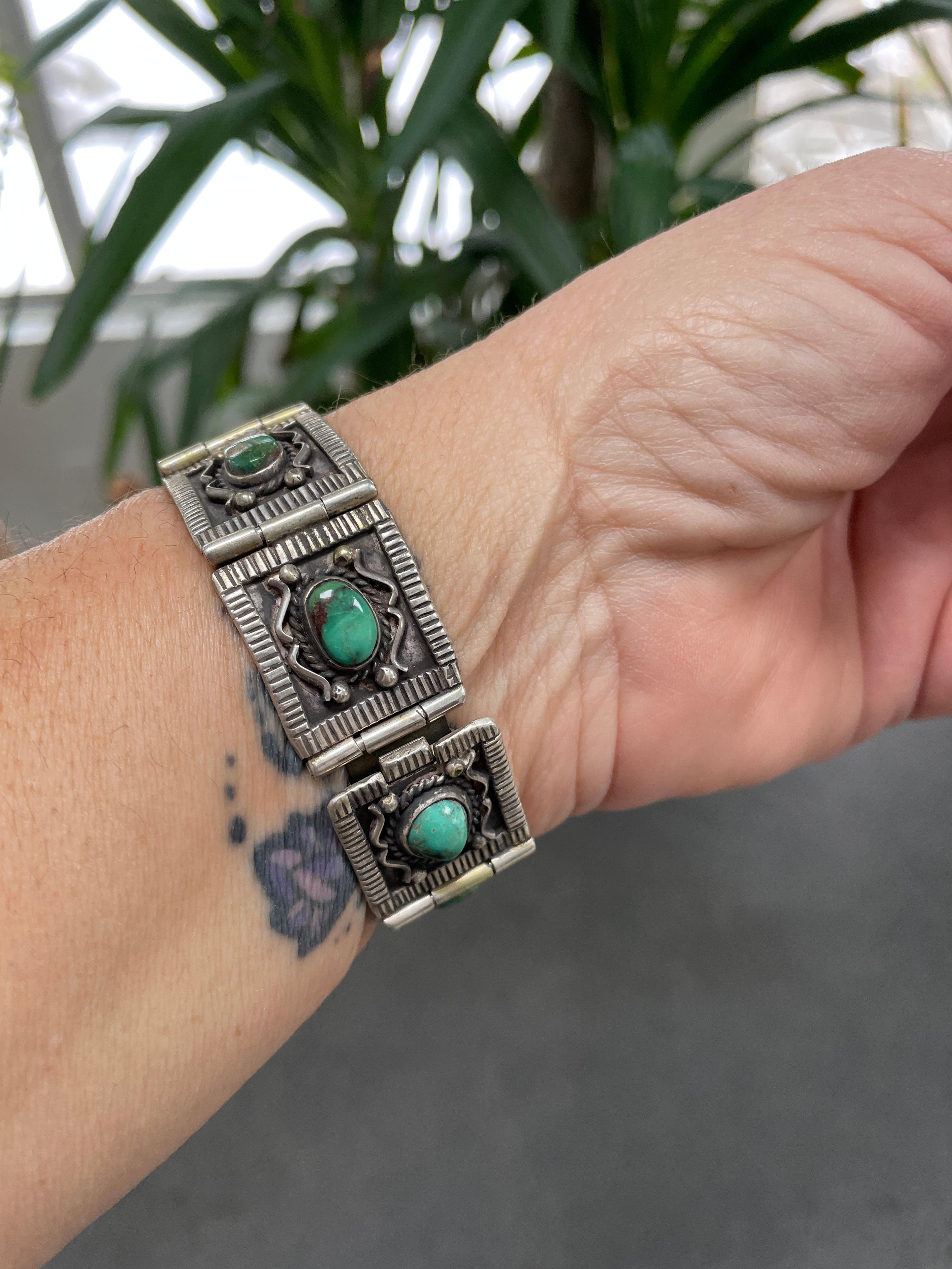 Sterling Silver Turquoise Paneled Bracelet Old Pawn  For Sale 3