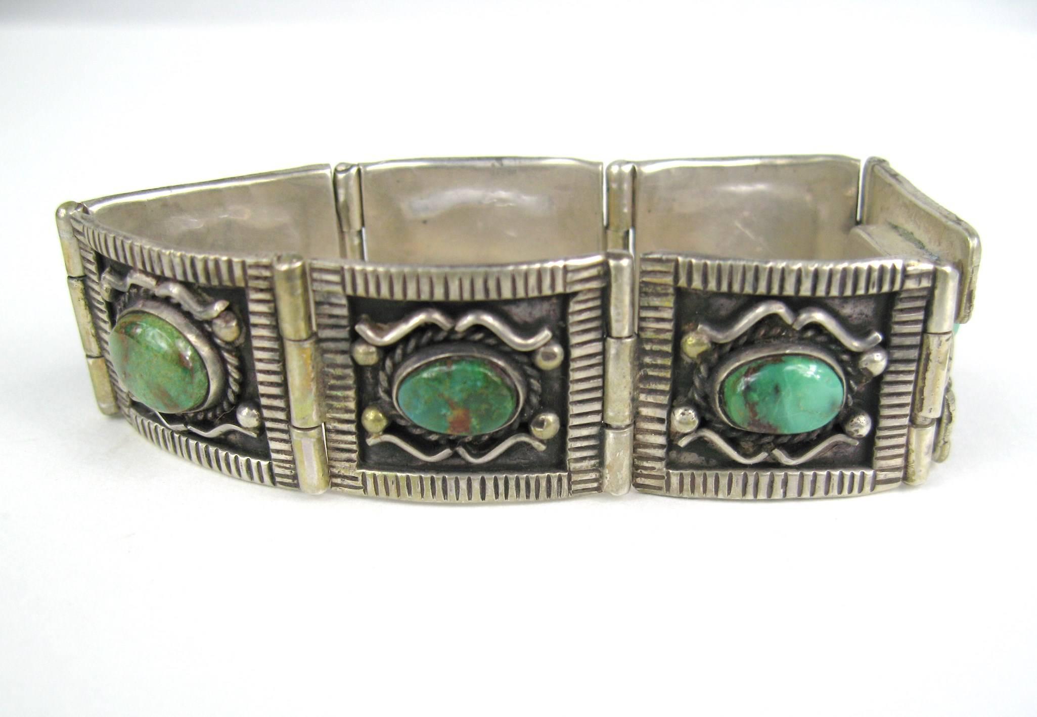 Native American Sterling Silver Turquoise Paneled Bracelet Old Pawn  For Sale