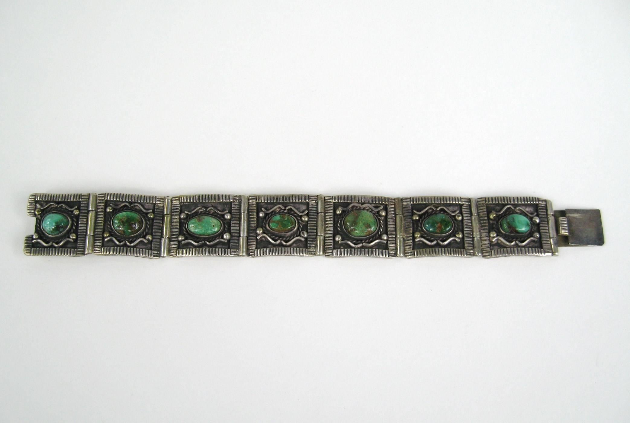 Tumbled Sterling Silver Turquoise Paneled Bracelet Old Pawn  For Sale