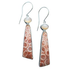Sterling Silver Peach Moonstone & Fossil Coral Earrings 