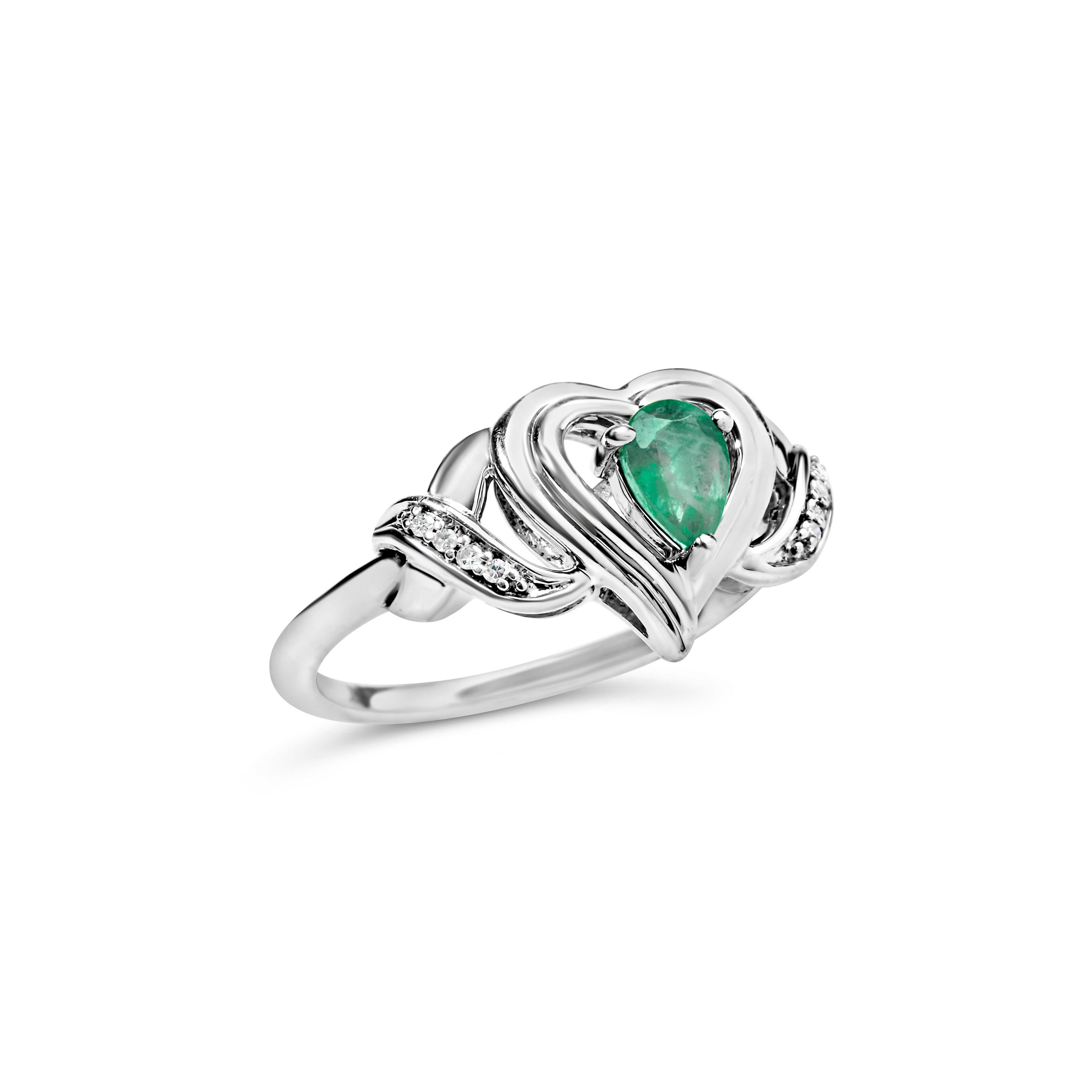 For Sale:  Sterling Silver Pear Emerald Gemstone with Diamond Accent Heart Promise Ring 3