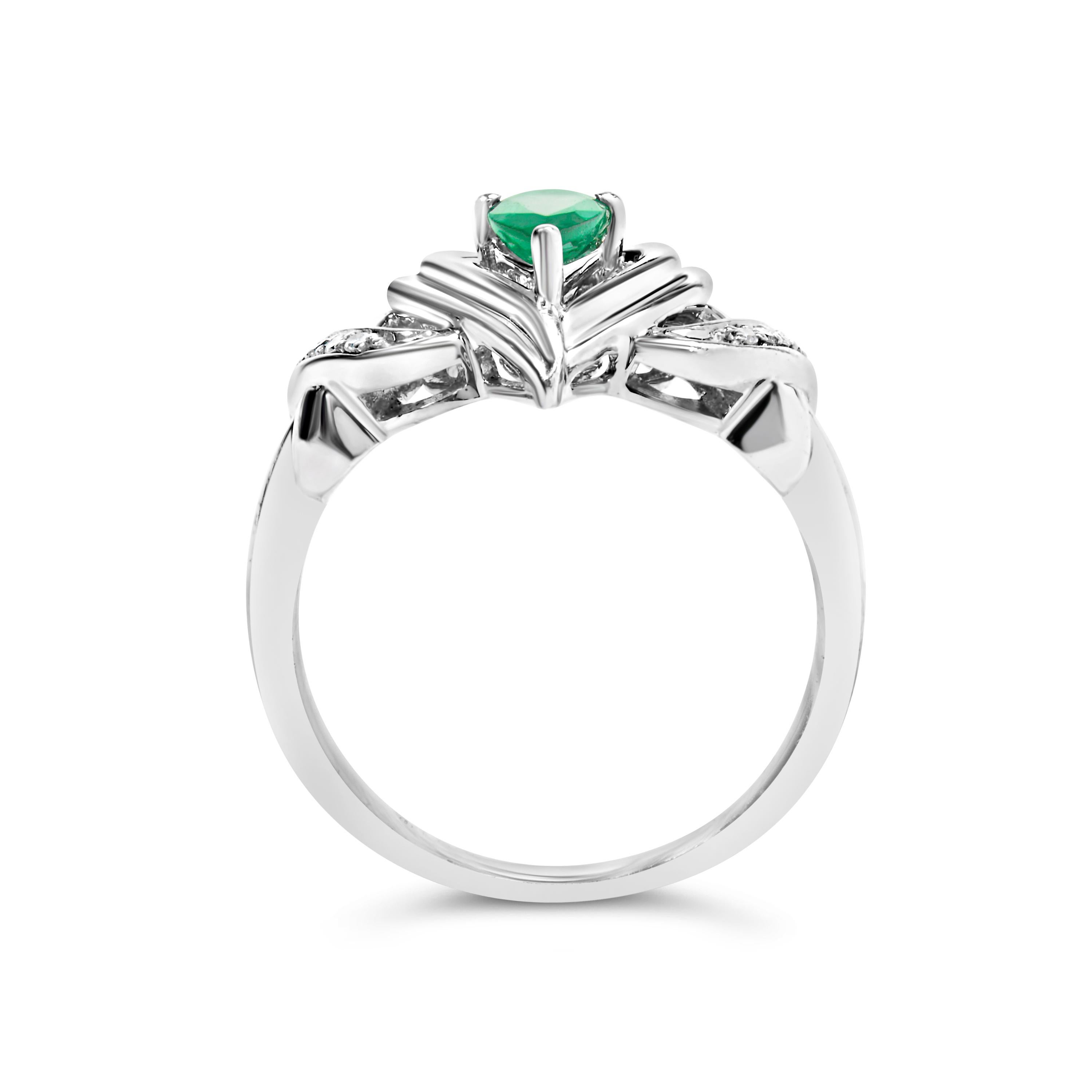 For Sale:  Sterling Silver Pear Emerald Gemstone with Diamond Accent Heart Promise Ring 5
