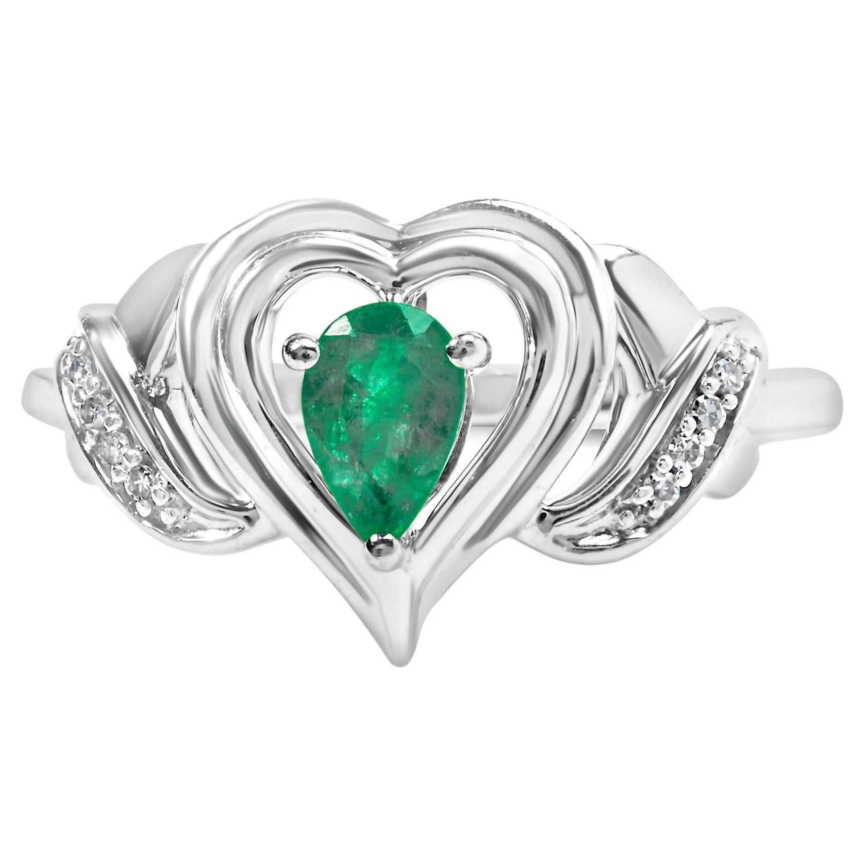 For Sale:  Sterling Silver Pear Emerald Gemstone with Diamond Accent Heart Promise Ring