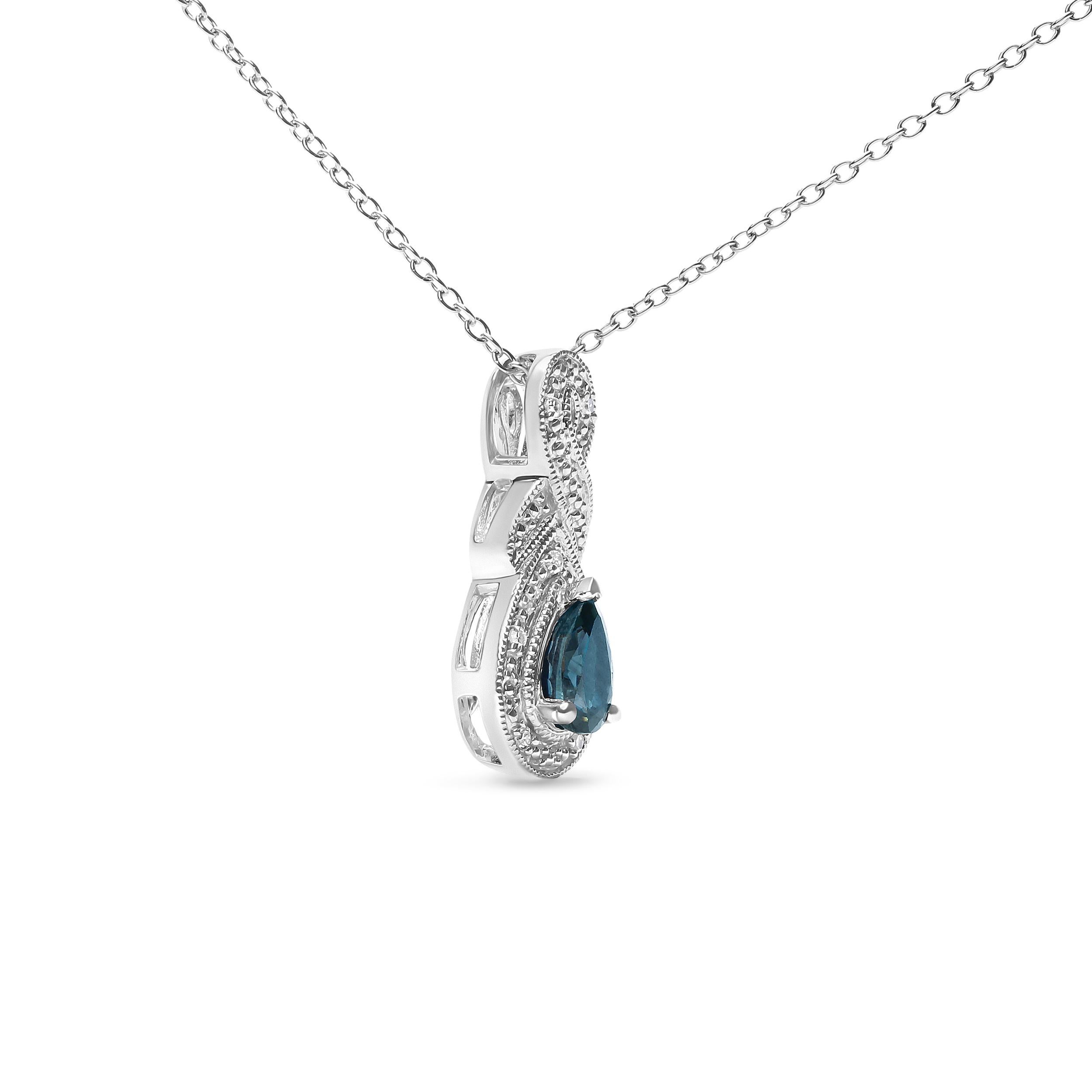 Modern Sterling Silver Pear Sapphire and Diamond Accent Infinity Drop Pendant Necklace For Sale