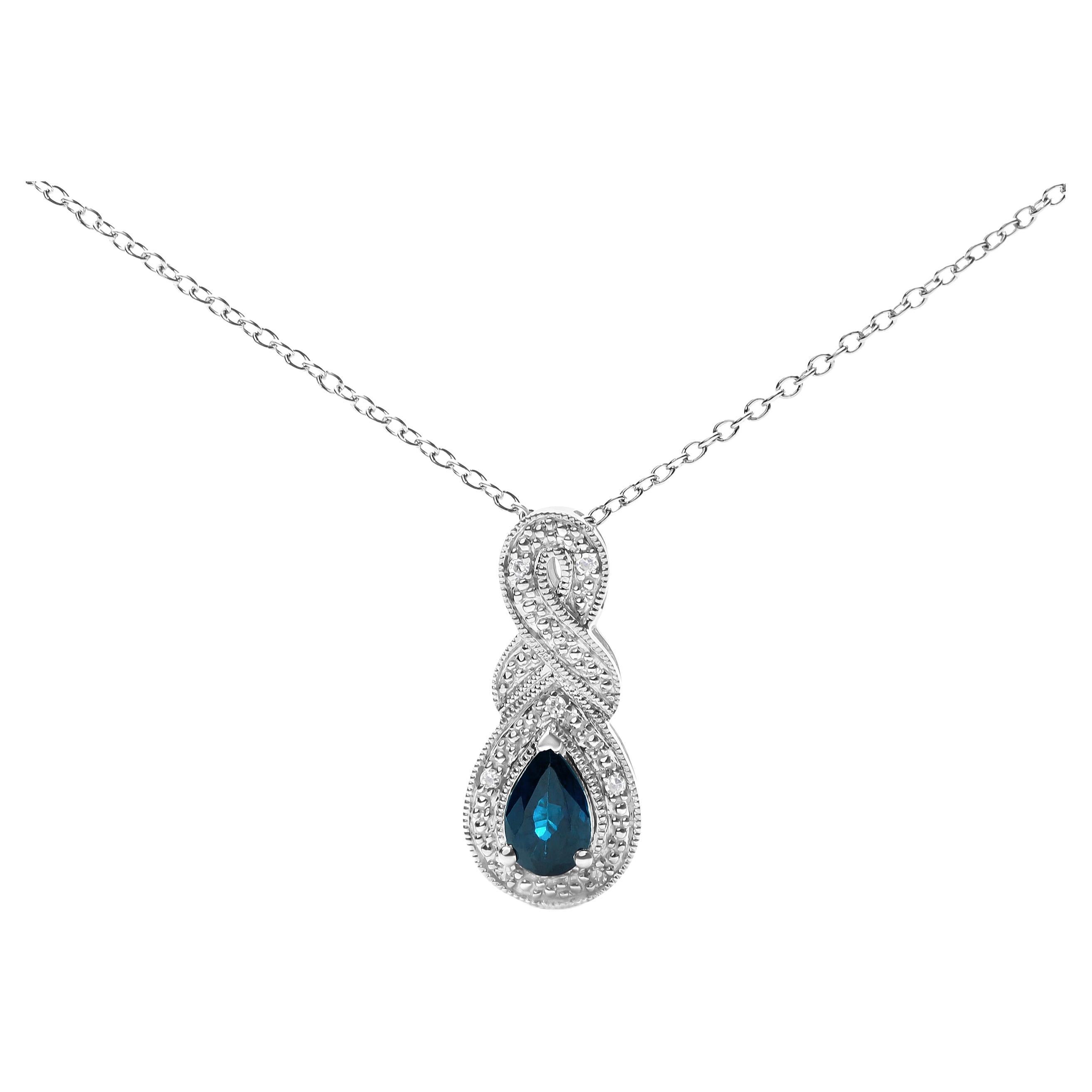 Sterling Silver Pear Sapphire and Diamond Accent Infinity Drop Pendant Necklace For Sale