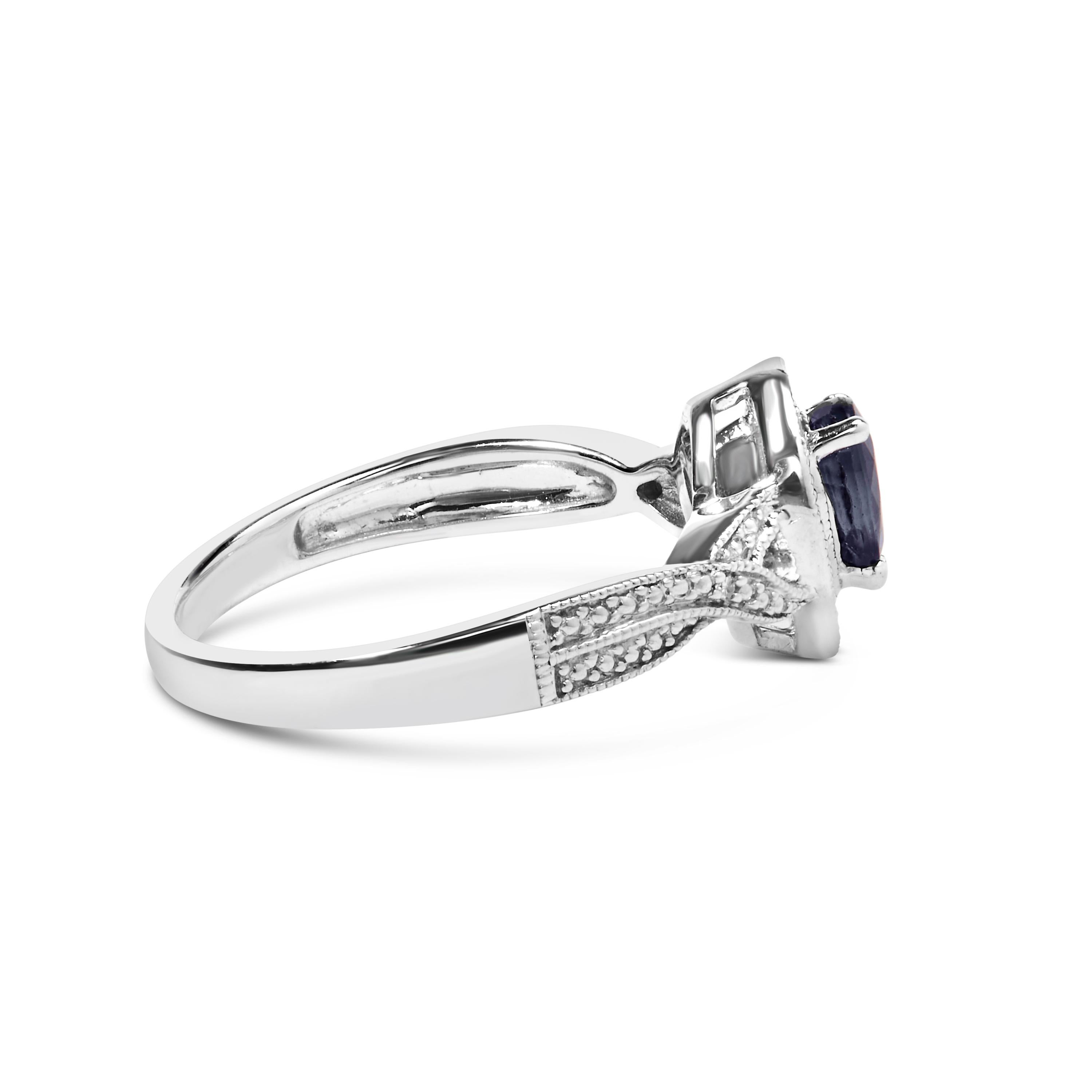 For Sale:  Sterling Silver Pear Sapphire Gemstone with Diamond Accent Fashion Halo Ring 2