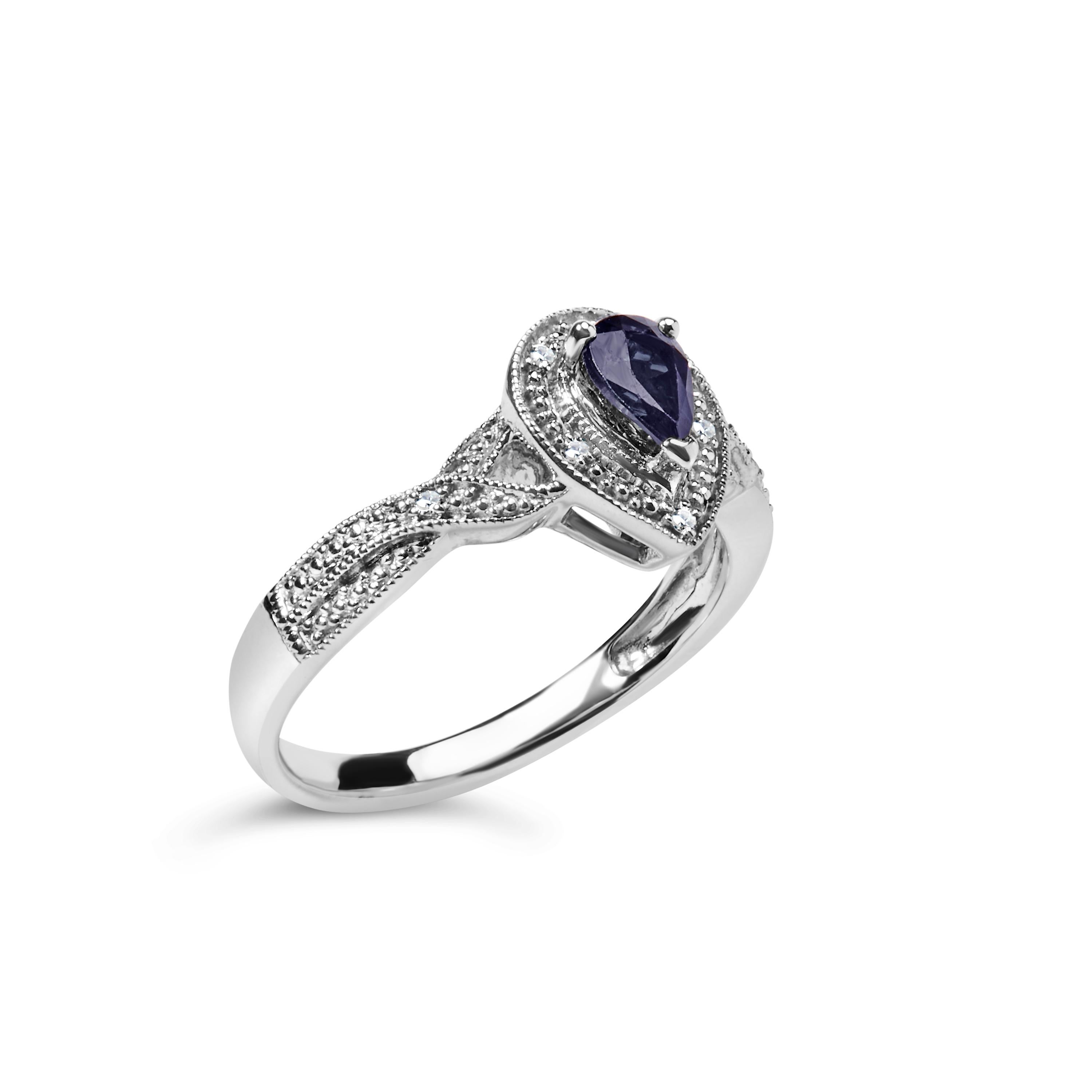 For Sale:  Sterling Silver Pear Sapphire Gemstone with Diamond Accent Fashion Halo Ring 3