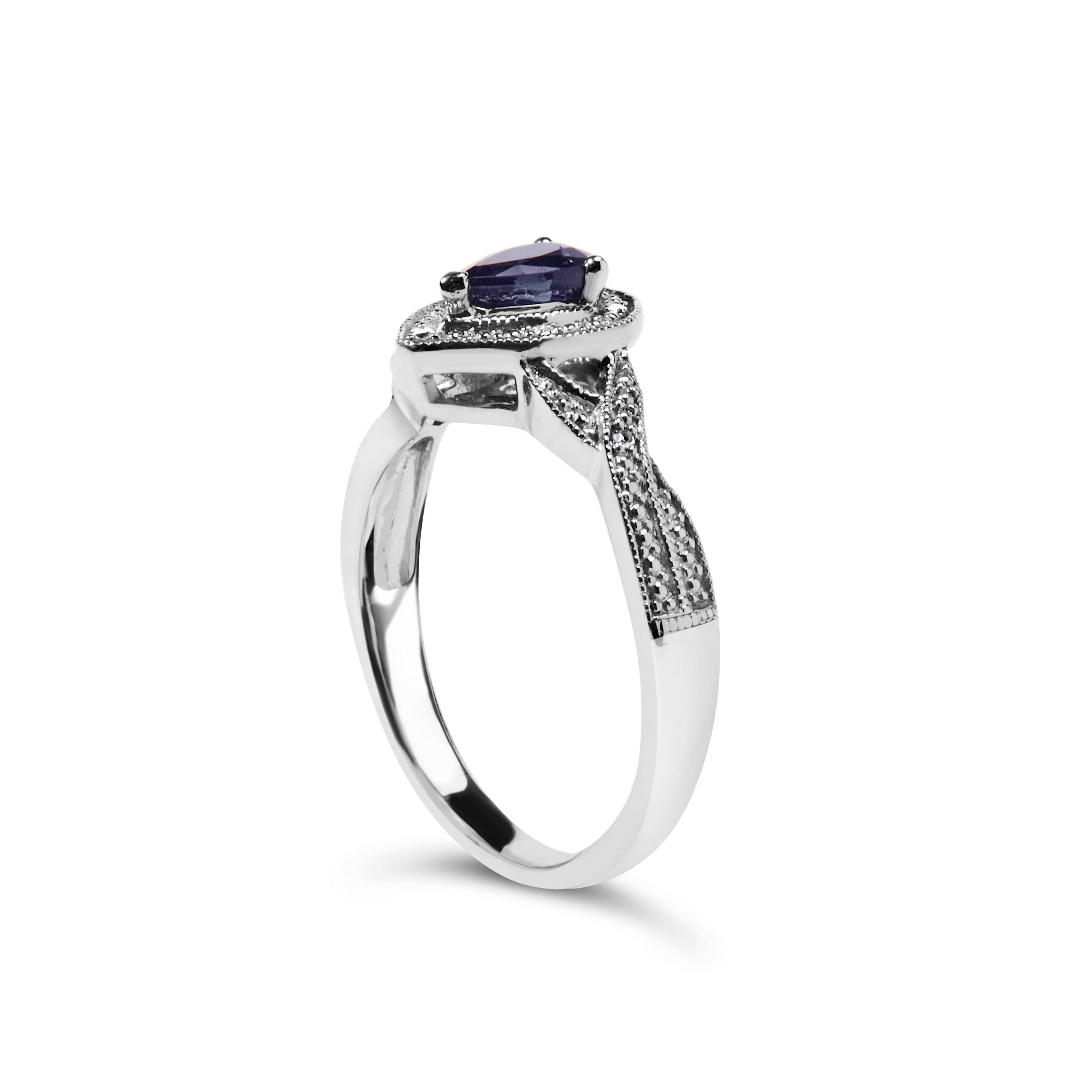 For Sale:  Sterling Silver Pear Sapphire Gemstone with Diamond Accent Fashion Halo Ring 4