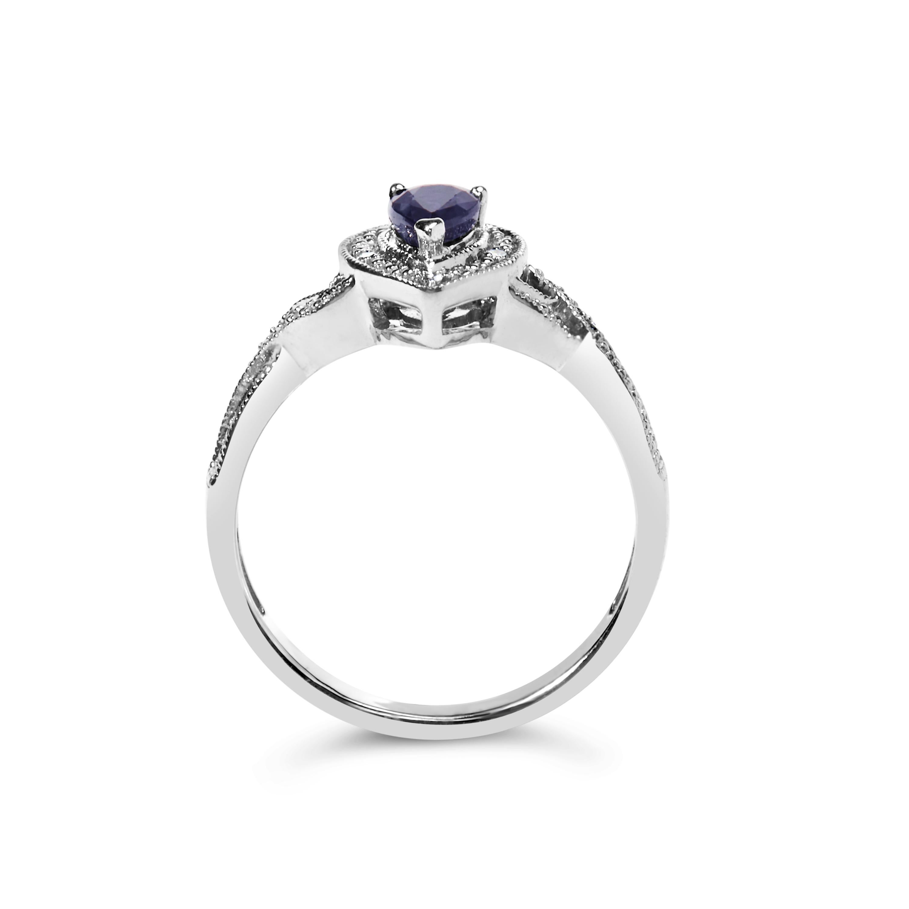 For Sale:  Sterling Silver Pear Sapphire Gemstone with Diamond Accent Fashion Halo Ring 5